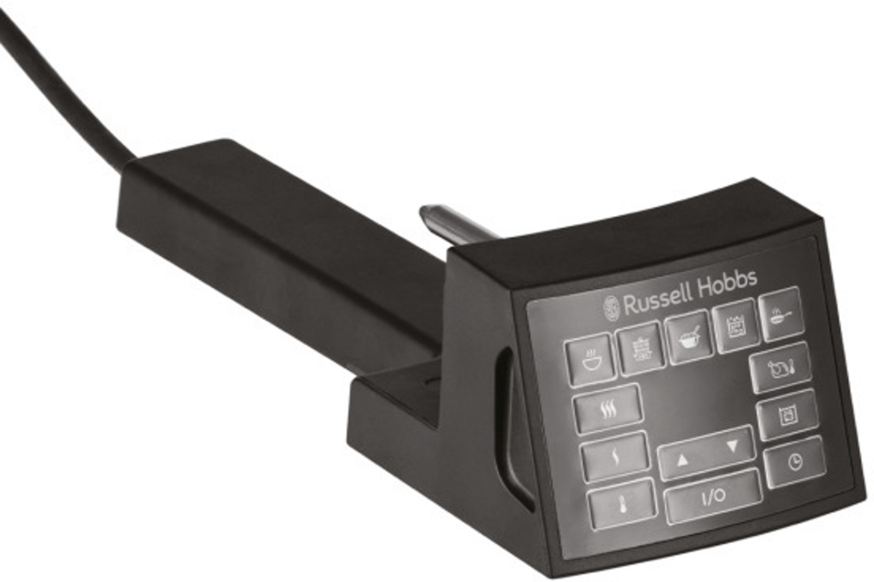 Siyah kontrol paneli, ikonlar ve Russell Hobbs logosu, kablolu.
