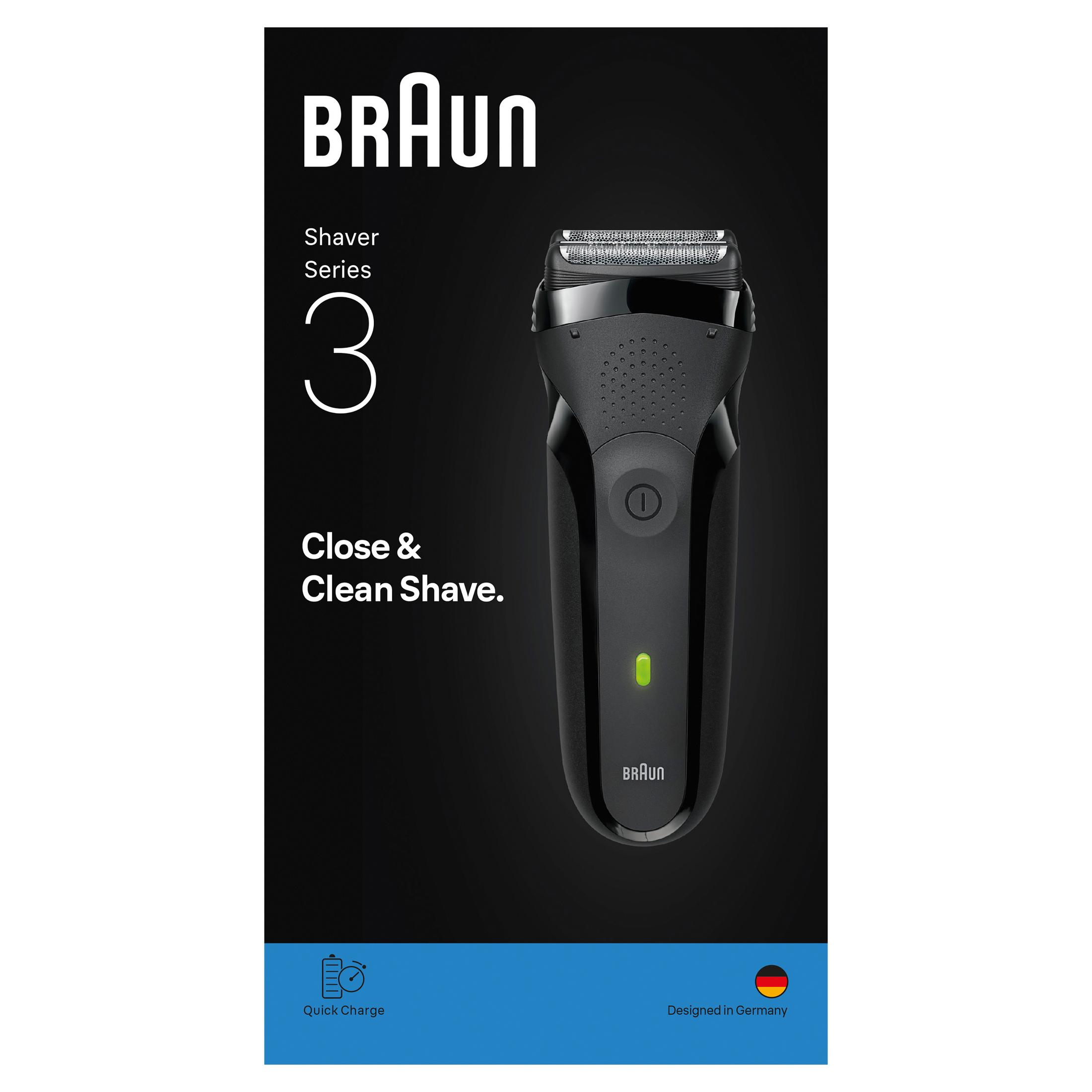 Un rasoir Braun Série 3 noir avec un indicateur lumineux vert.