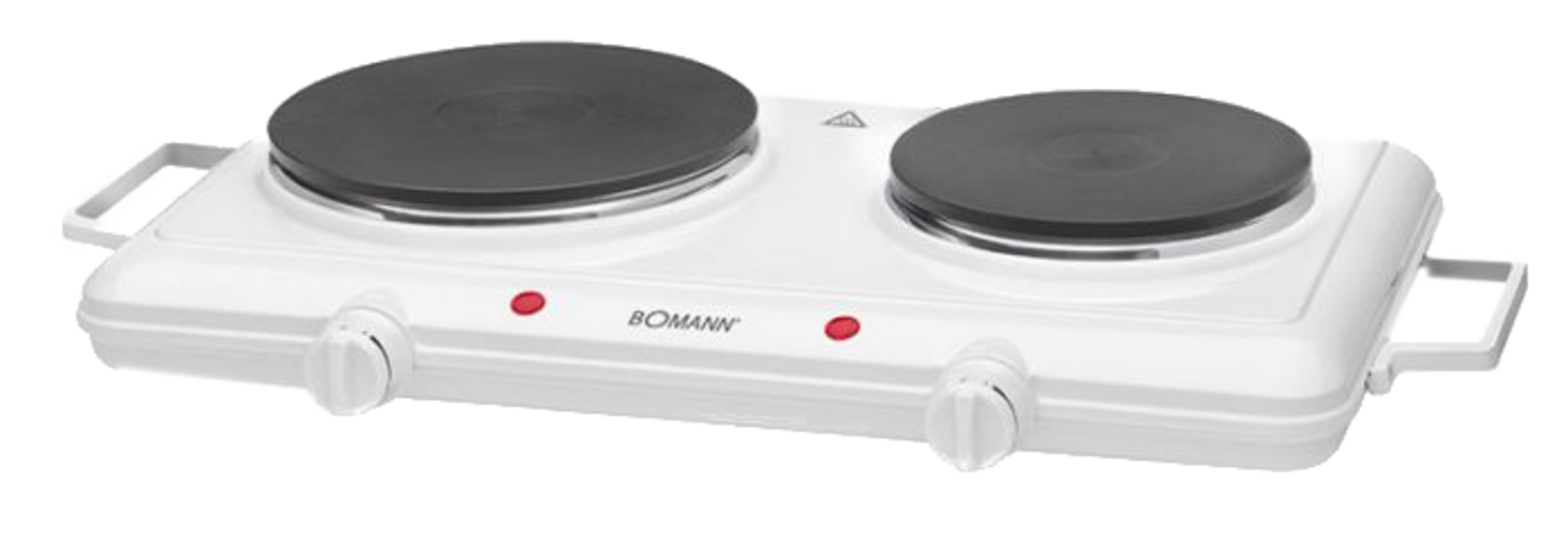 Biała podwójna płyta grzewcza z dwoma czarnymi polami i czerwonymi lampkami kontrolnymi.