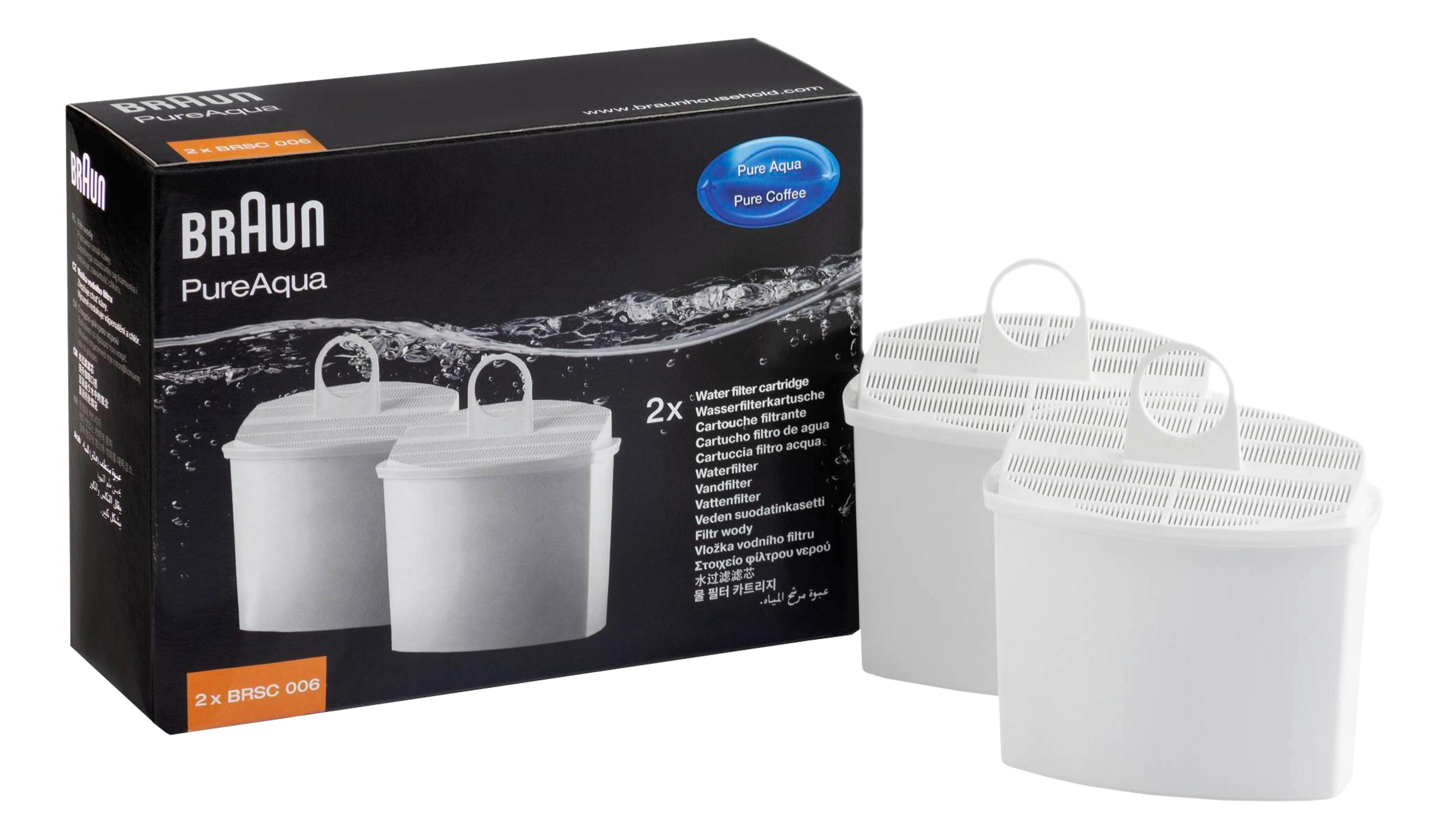 Zwei weiße Braun PureAqua Wasserfilterkartuschen neben der Verpackung.