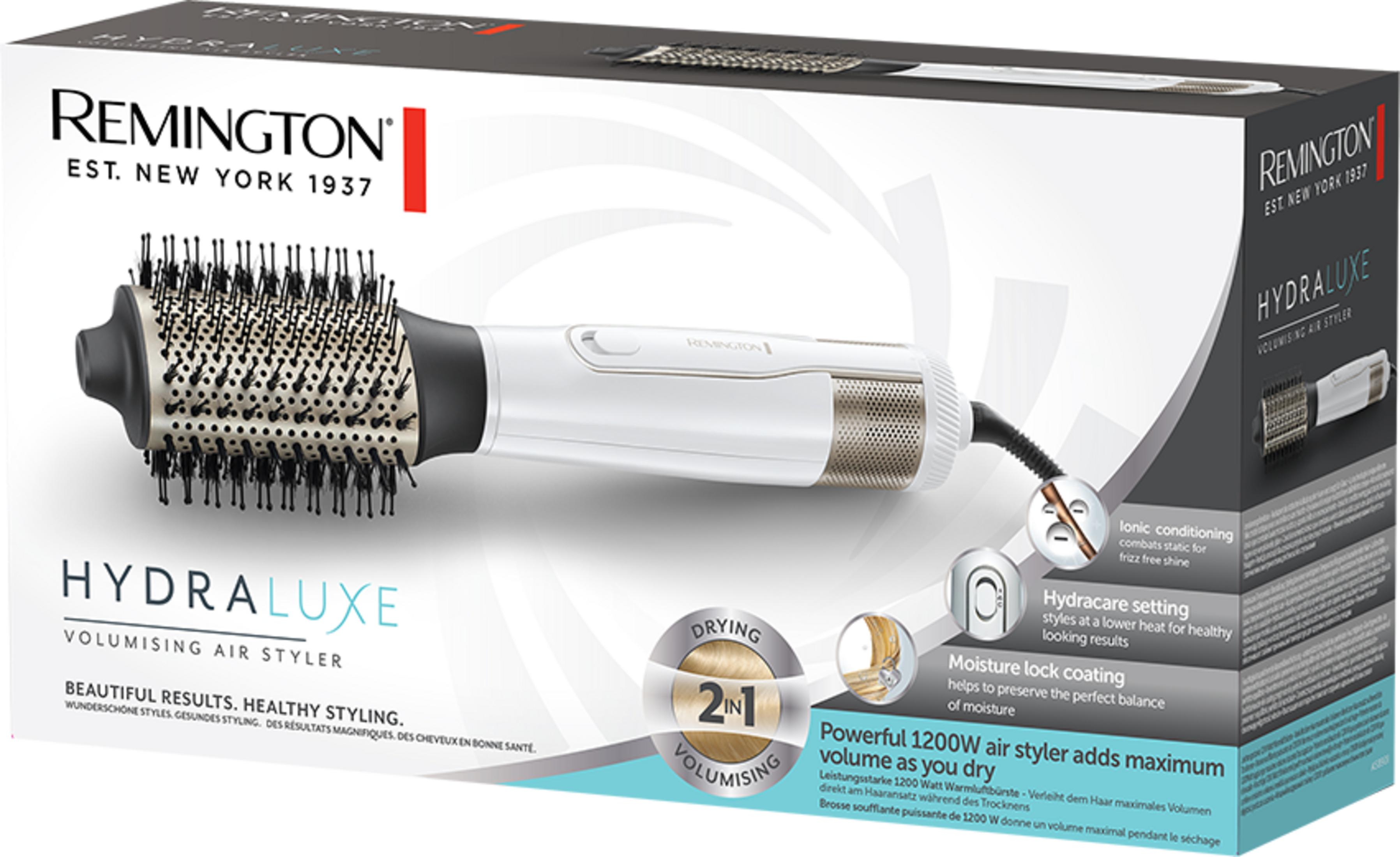 Opakowanie stylera powietrznego Remington Hydraluxe z szczotką i cechami produktu.