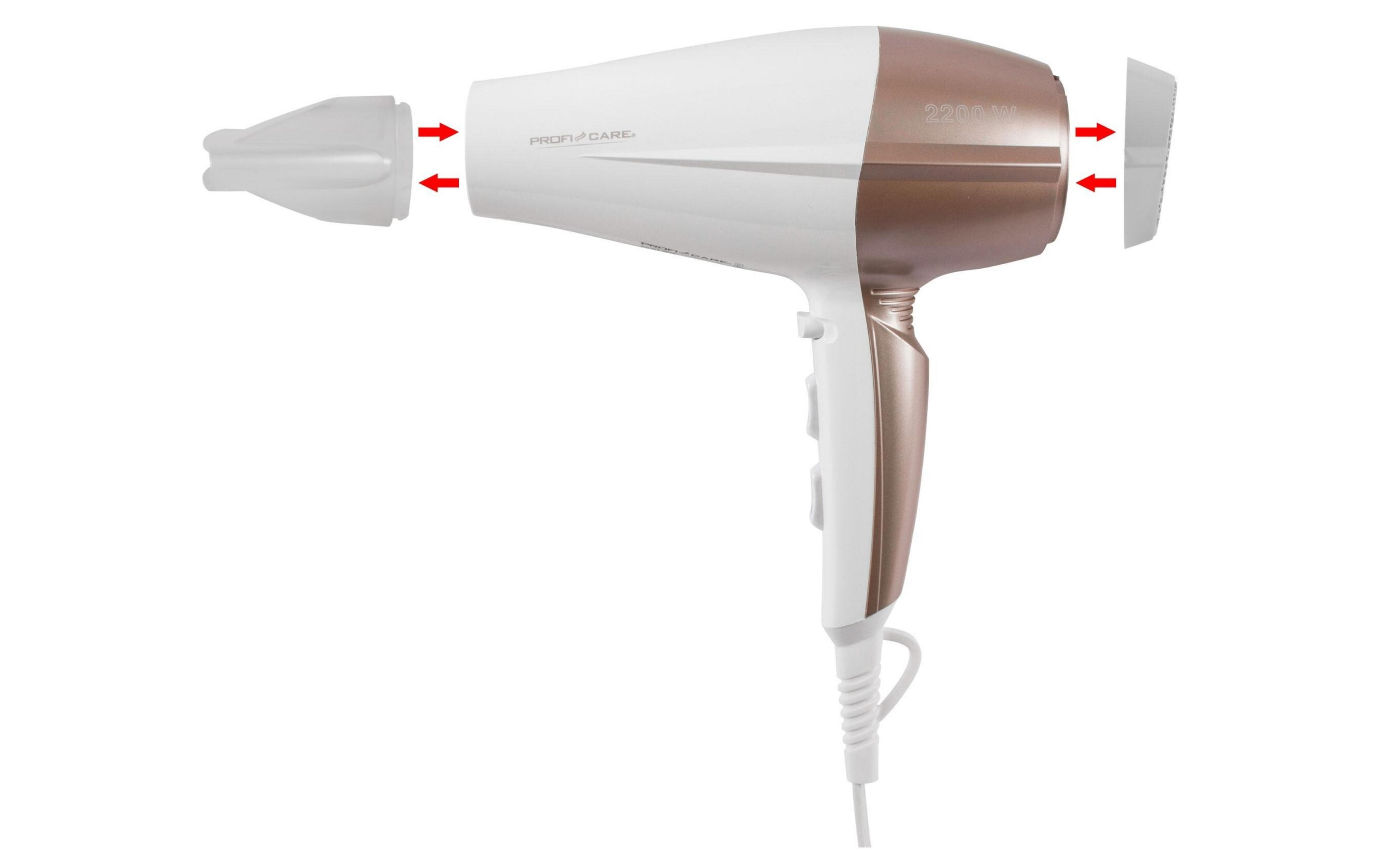 Biała i brązowa suszarka do włosów z dwoma mocowanymi nasadkami.