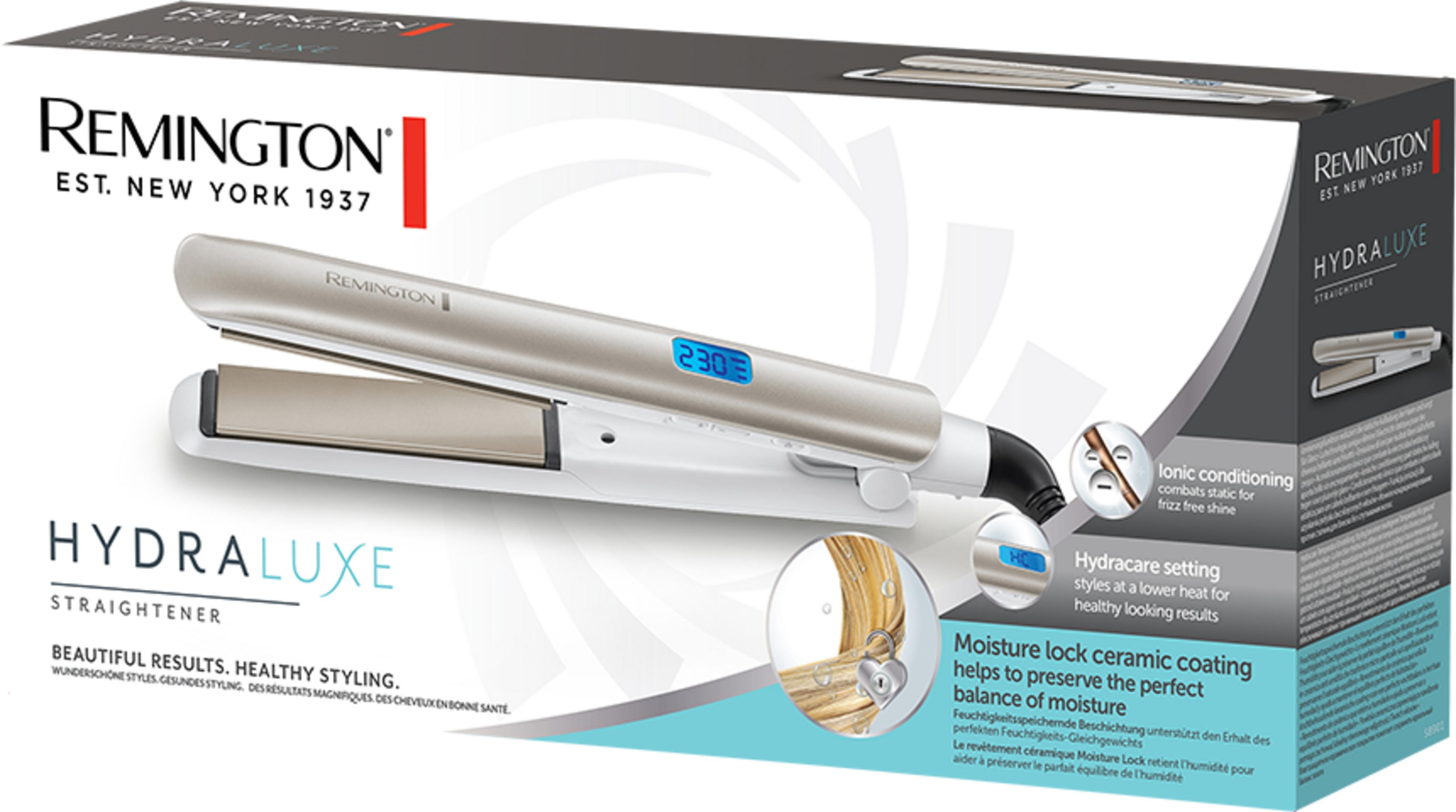Pudełko prostownicy Remington Hydraluxe ze srebrną prostownicą i niebieskim wyświetlaczem.
