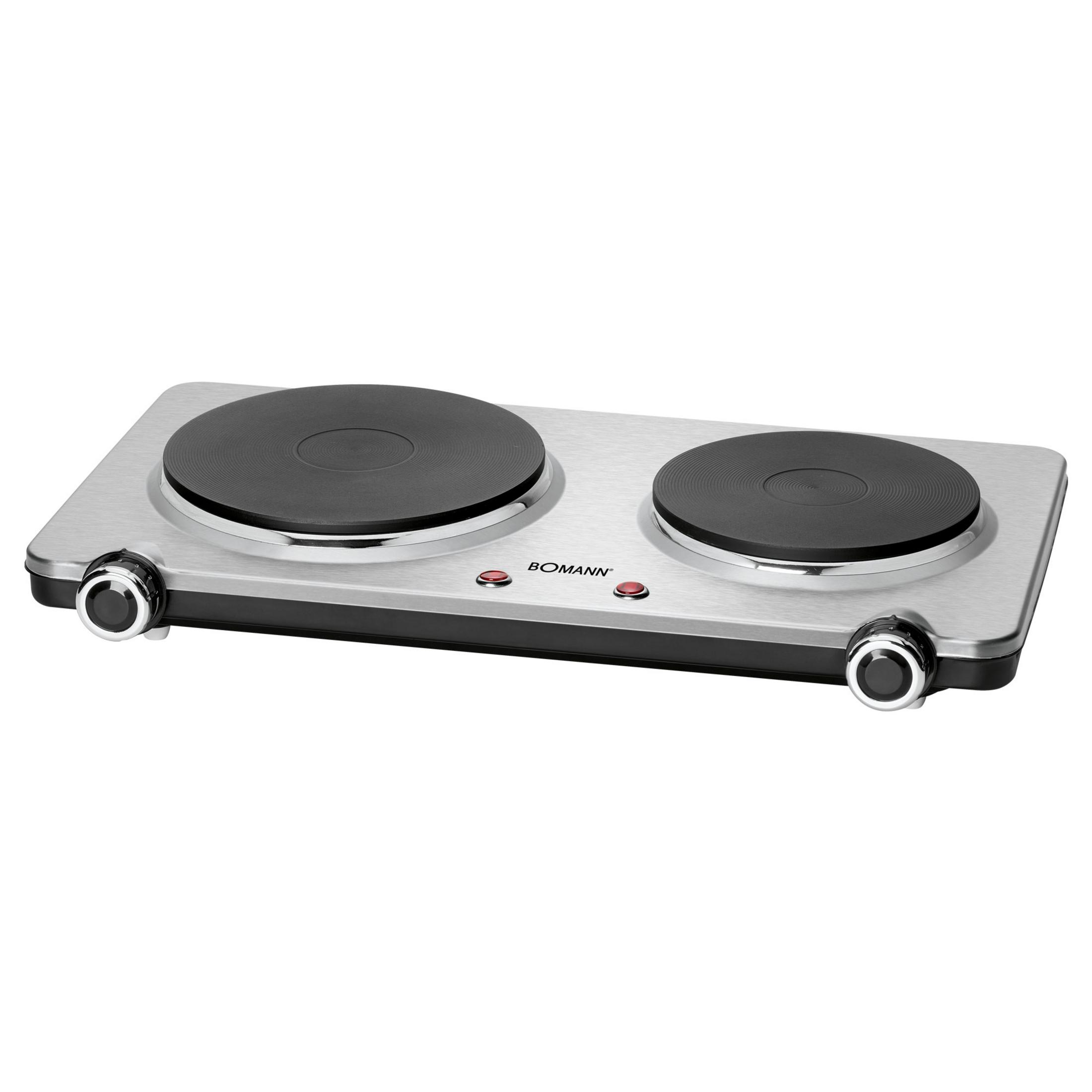 Srebrna kuchenka dwupalnikowa z czarnymi grzałkami i pokrętłami.