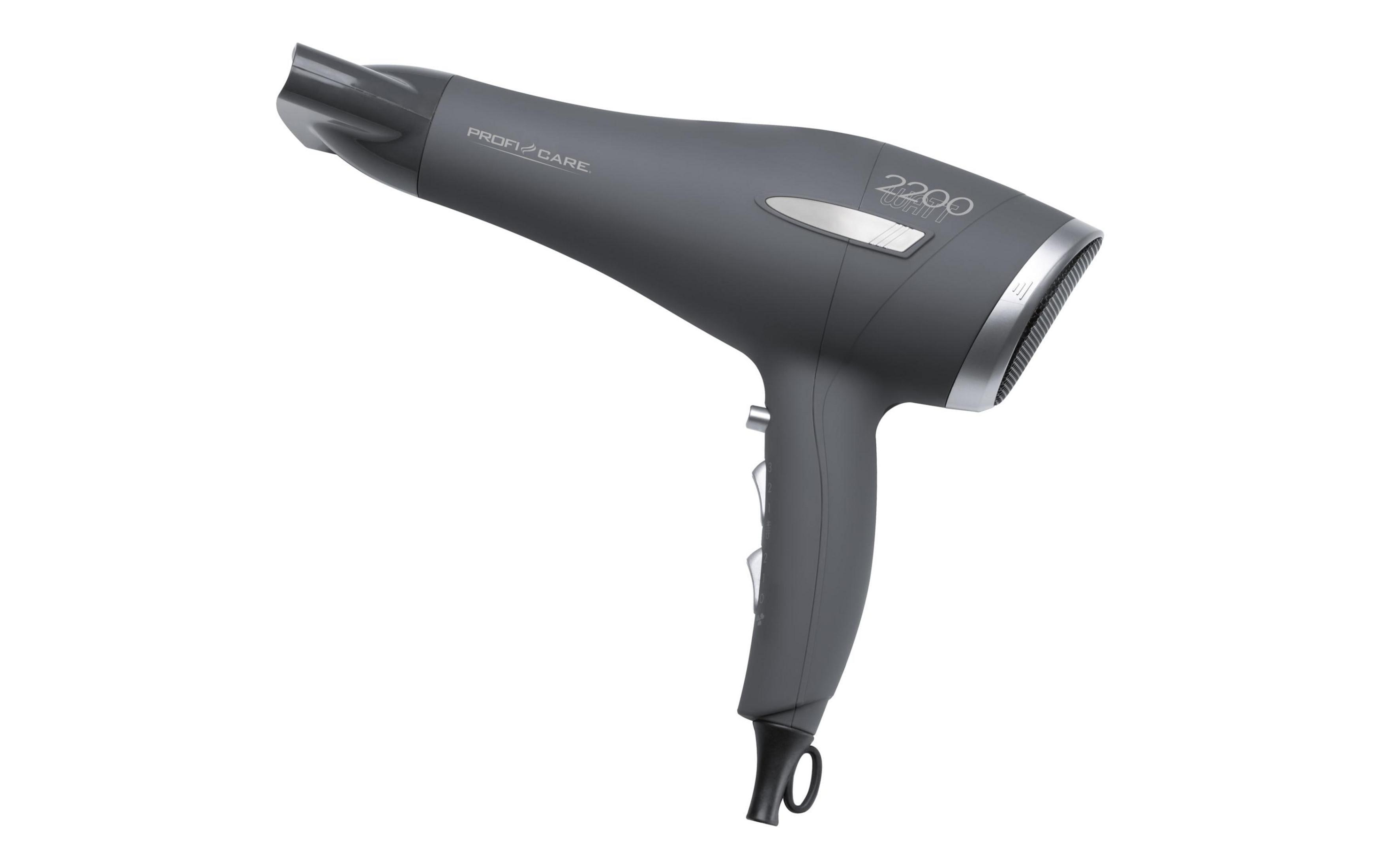 Szara suszarka do włosów ze srebrnymi akcentami i kontrolkami, na białym tle.