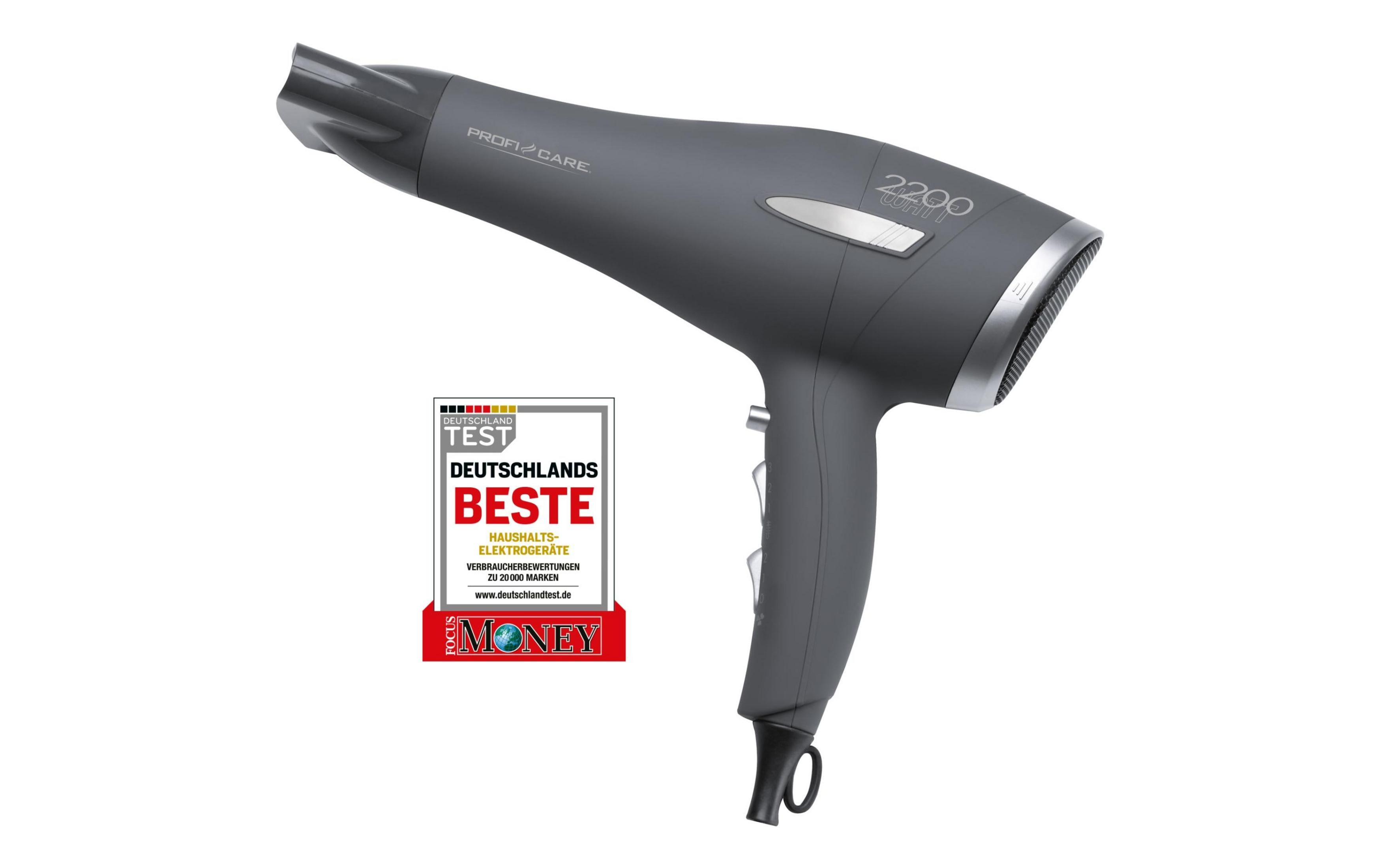 Szara suszarka Profi Care z srebrnymi akcentami i pieczęcią.