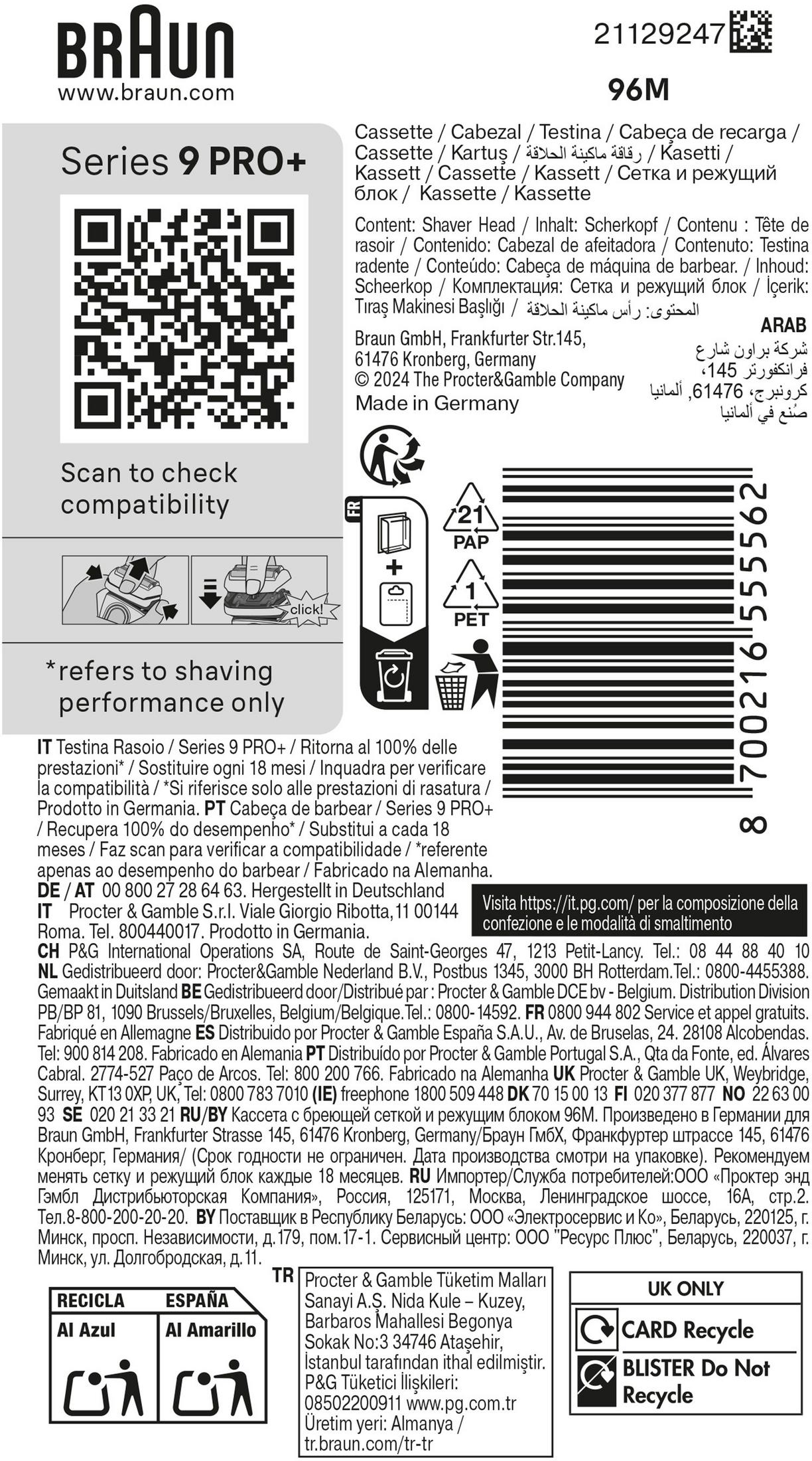 Opakowanie Braun Series 9 PRO+ z kodem QR, informacjami o produkcie i symbolami recyklingu.