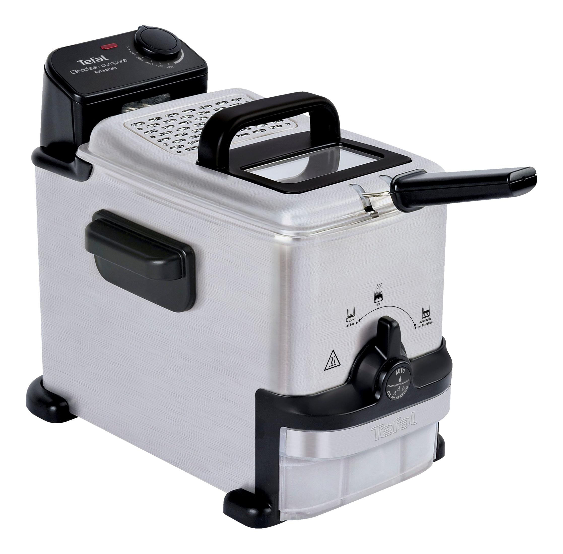 Srebrna frytkownica Tefal z czarną pokrywą i rączką.