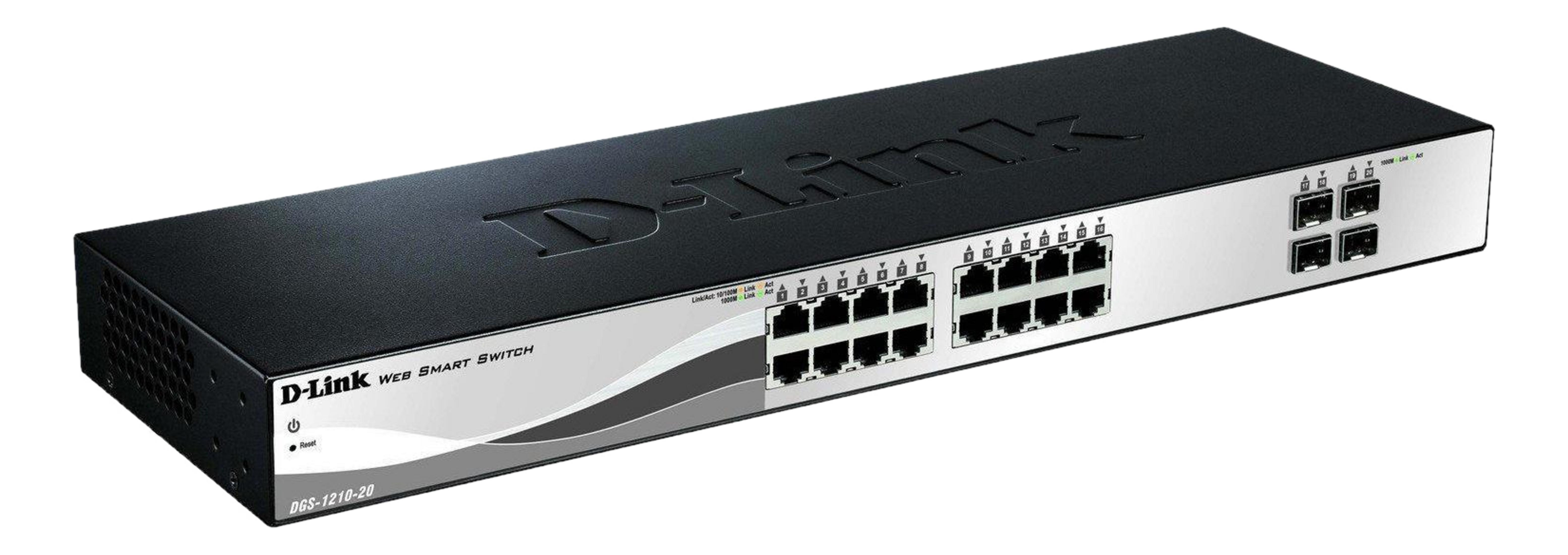 Ein schwarzer D-Link Web Smart Switch mit 20 Ports und silberner Vorderseite.