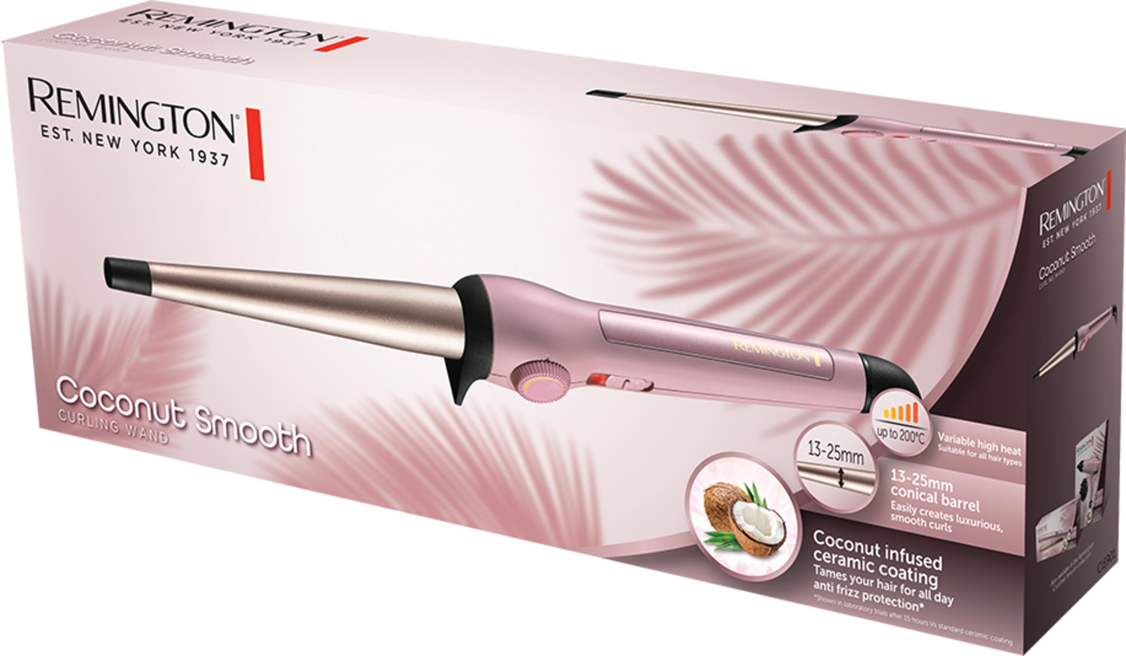 Opakowanie różowej lokówki Remington z powłoką ceramiczną z kokosem.