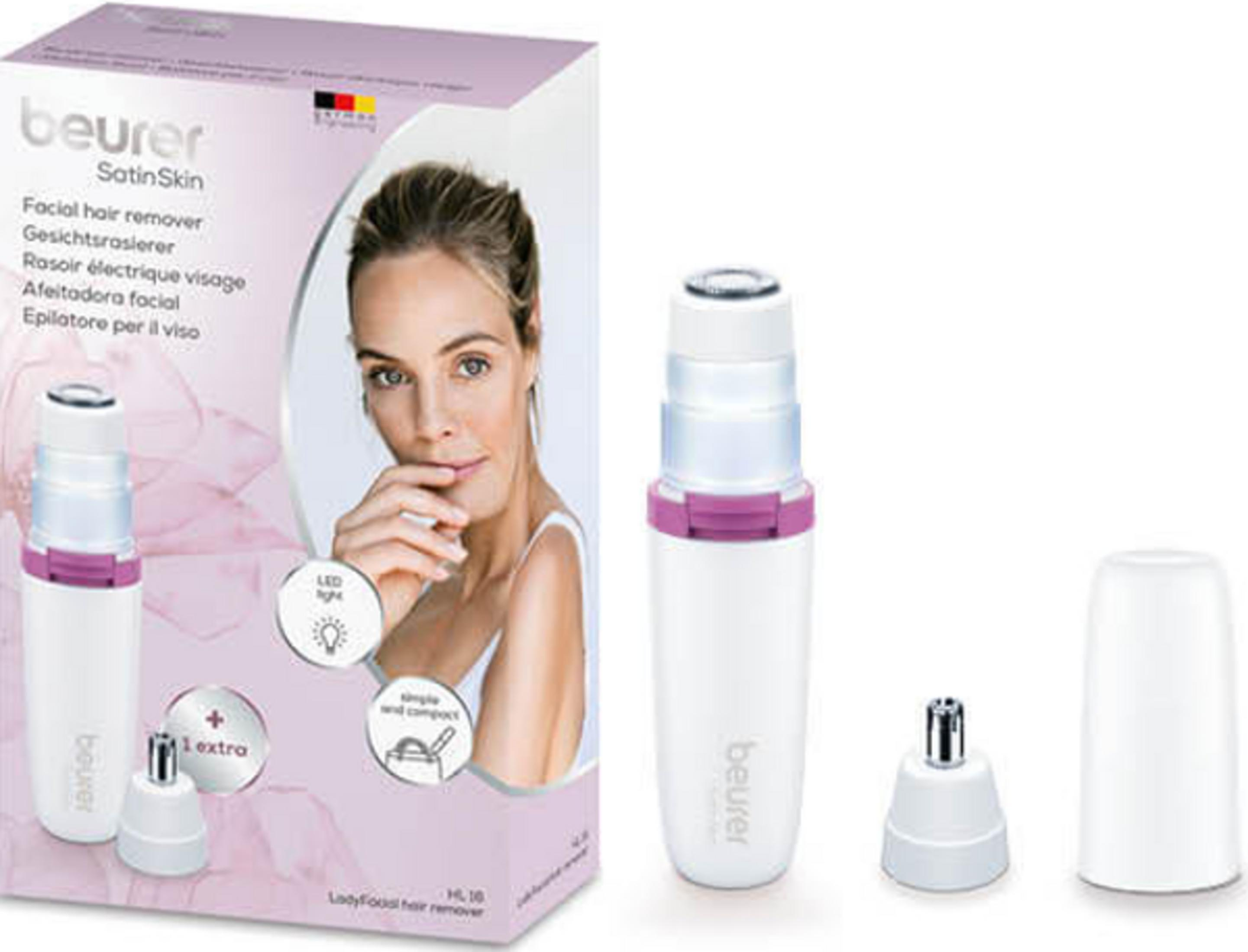 Depiladora facial Beurer con accesorios y embalaje, con imagen de mujer.