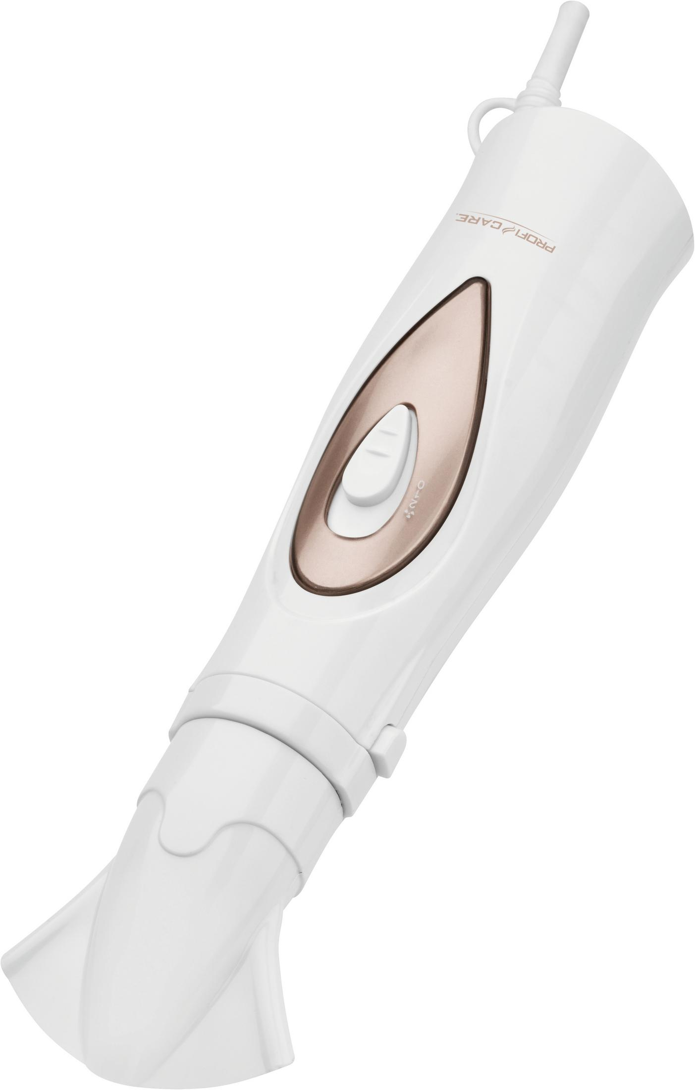 Biała suszarka do włosów z różowo-złotymi akcentami i wąską dyszą.