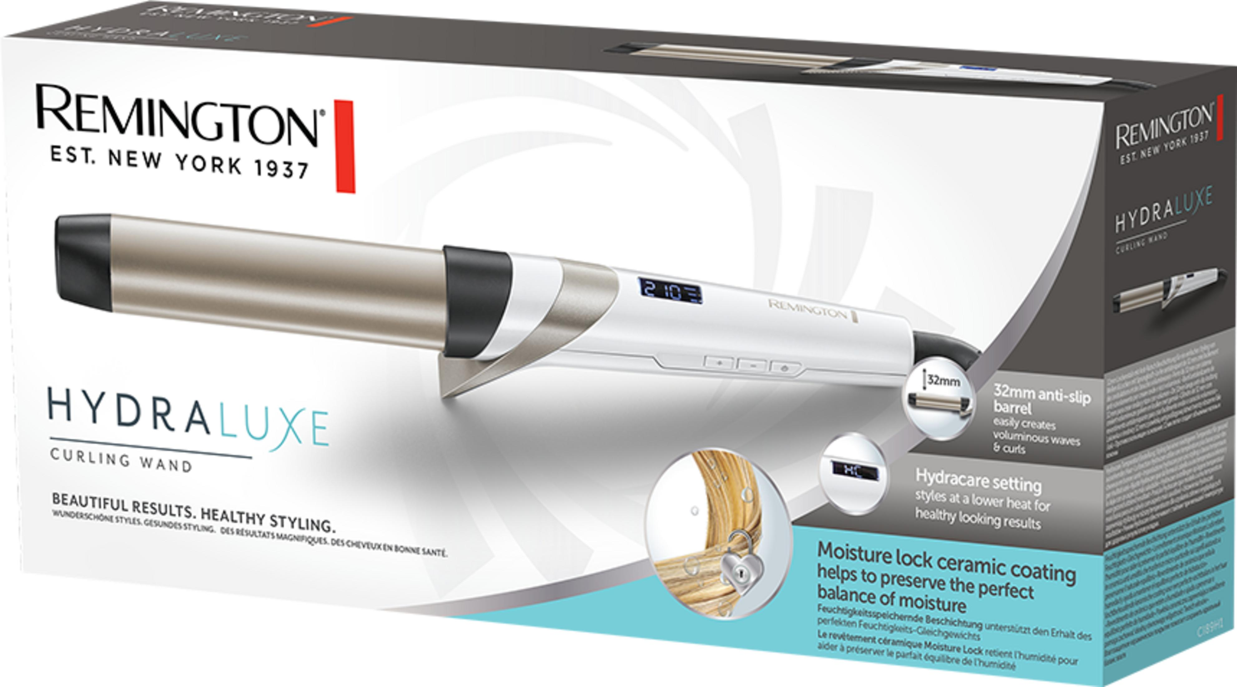 Confezione di un ferro arricciacapelli Remington Hydraluxe con immagine prodotto.