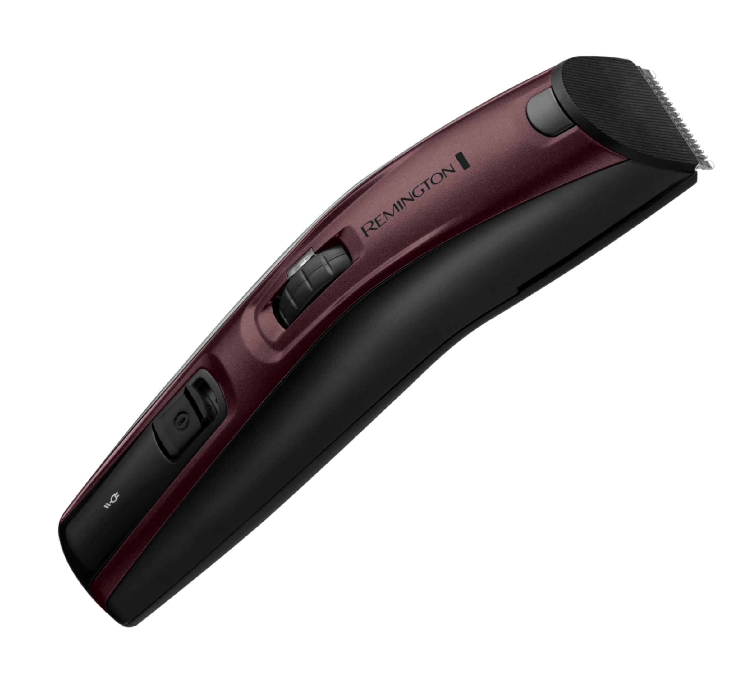Un tagliacapelli Remington bordeaux e nero con interruttori.