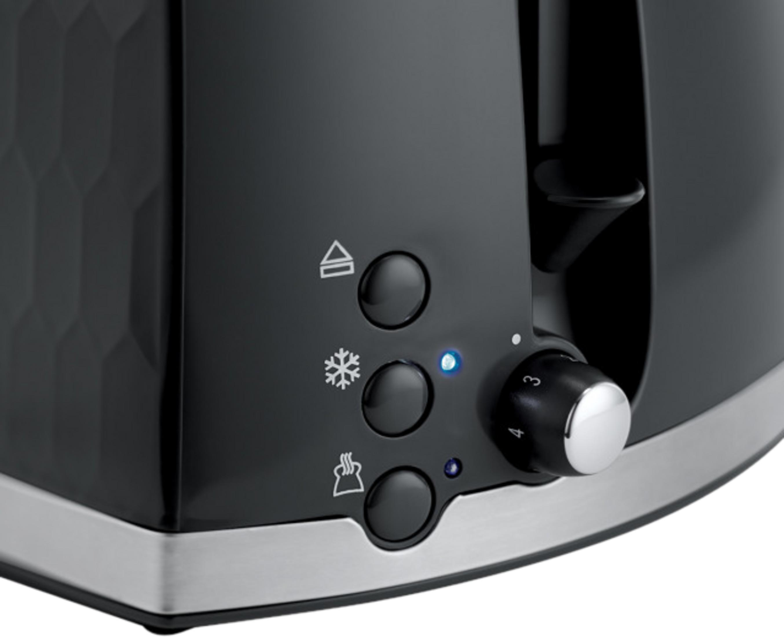 Nahaufnahme eines schwarzen Toasters mit Bedienelementen und silbernen Akzenten.