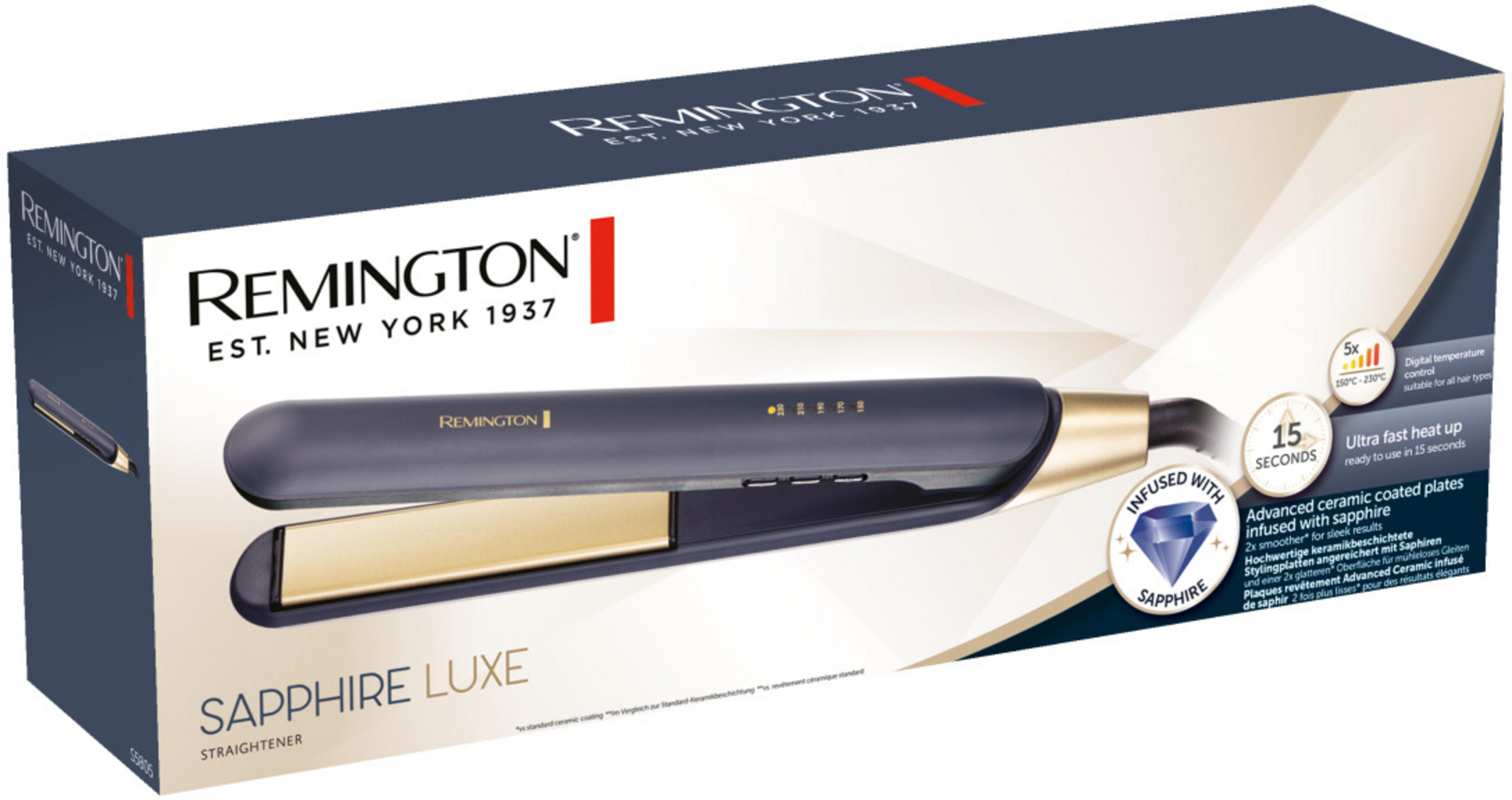 Prostownica Remington Sapphire Luxe z płytkami ceramicznymi nasyconymi szafirem.