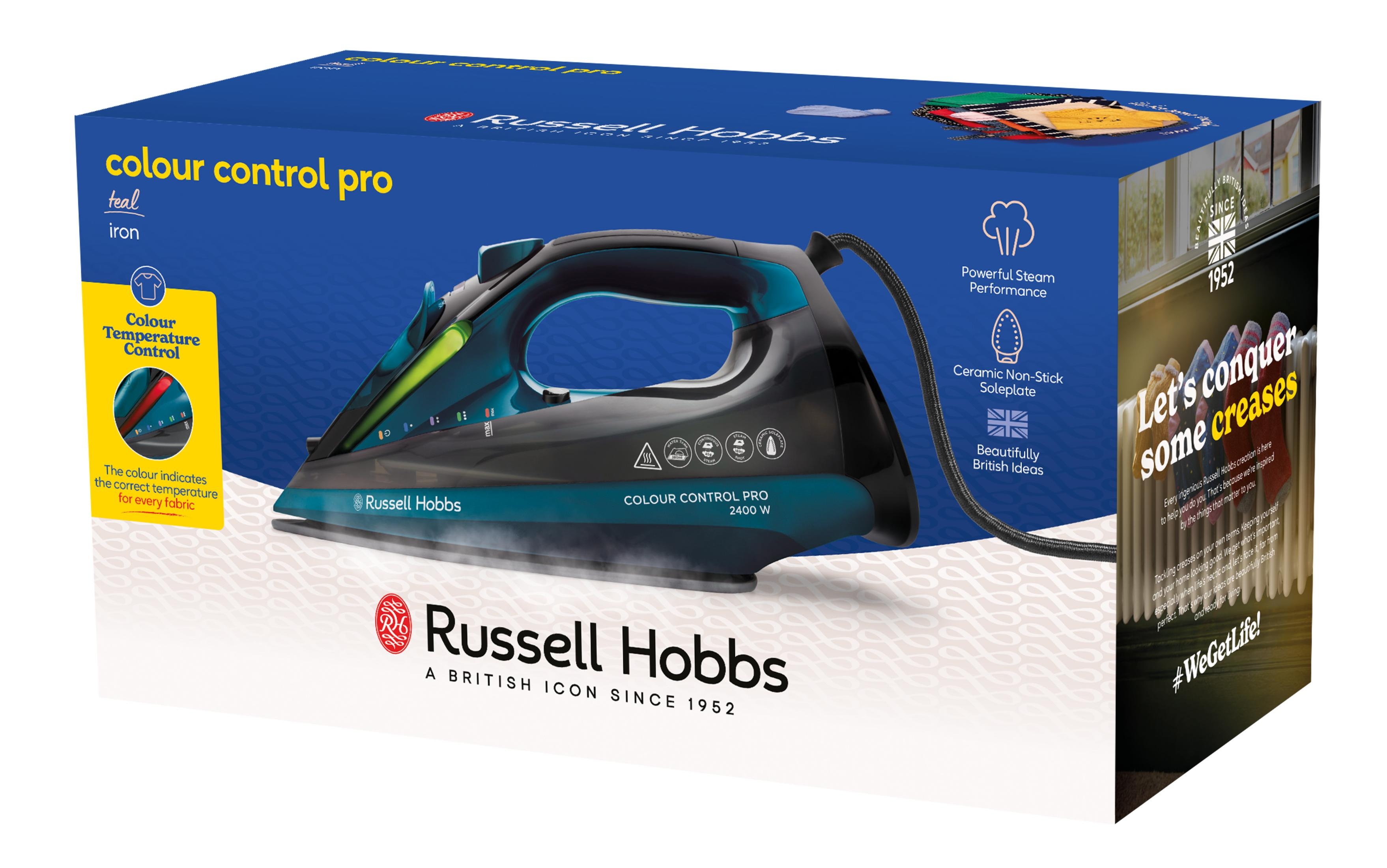 Russell Hobbs Bügeleisen mit Farbkontrolle und Dampf. Teal-Farbe.