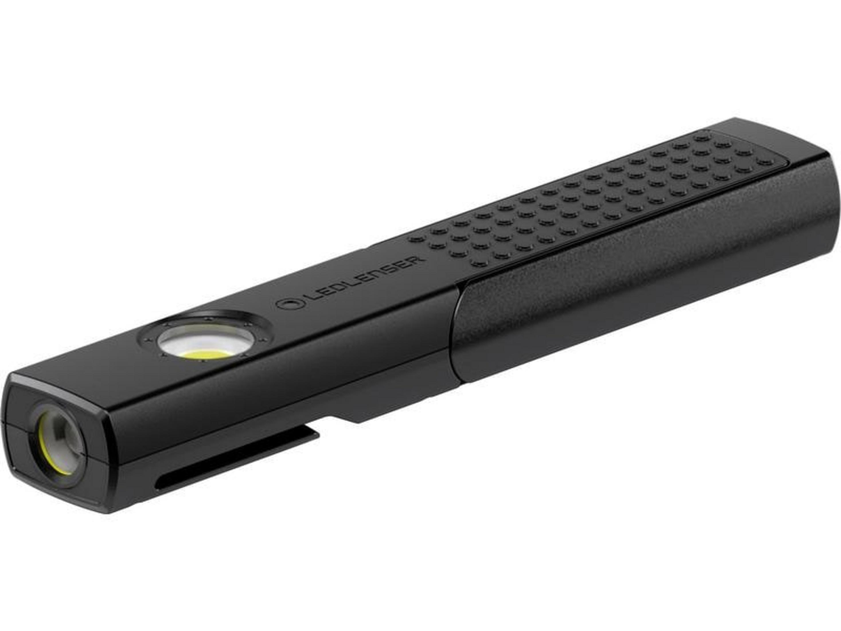 Schwarze Taschenlampe mit geriffeltem Griff und LED-Licht.