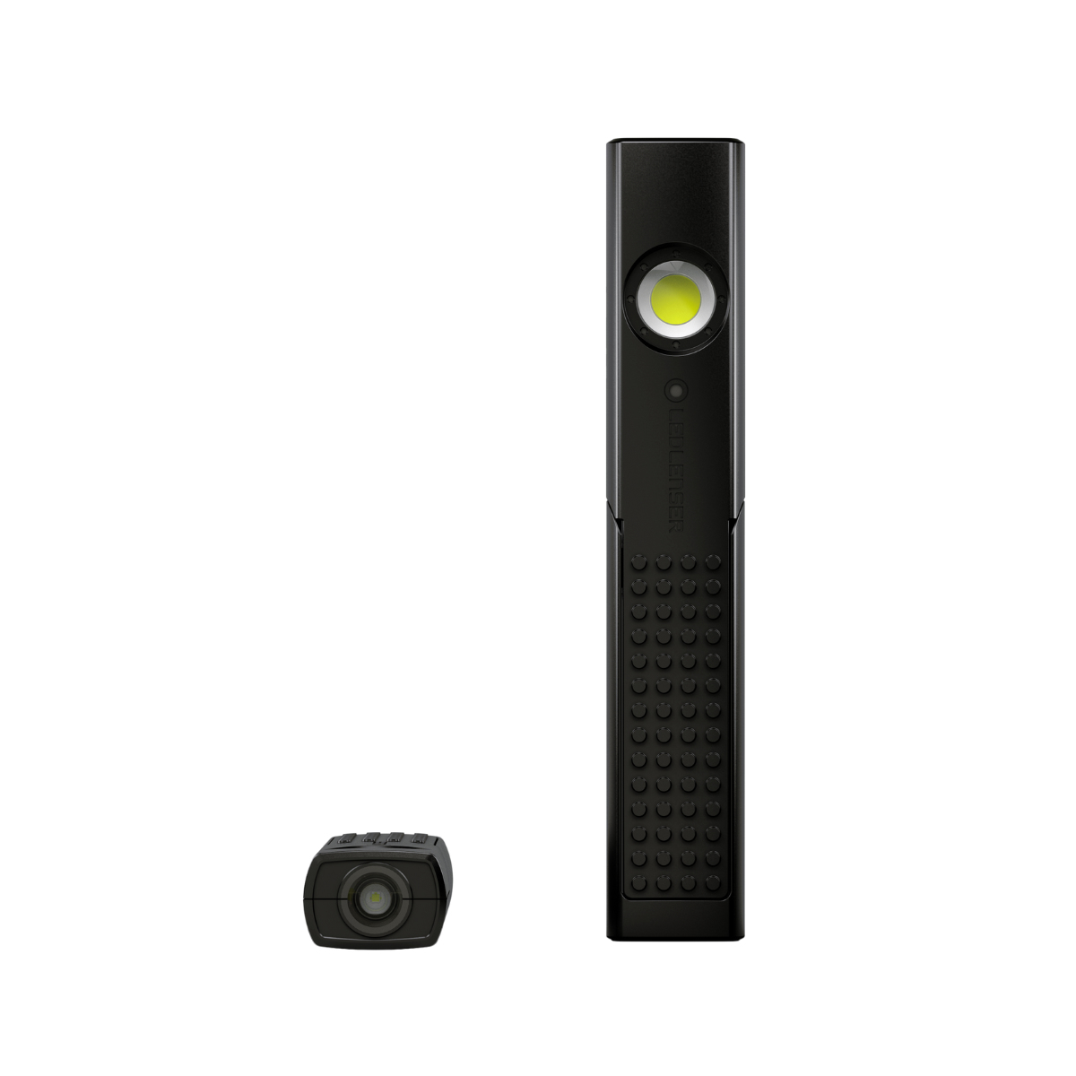Zwei schwarze LED-Taschenlampen auf weißem Hintergrund, eine länglich, die andere klein und quadratisch.