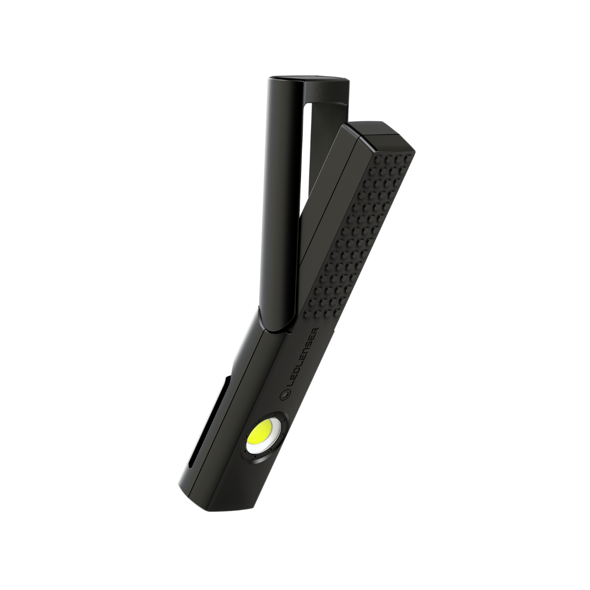 Schwarze Taschenlampe mit leuchtender LED und strukturiertem Griff.