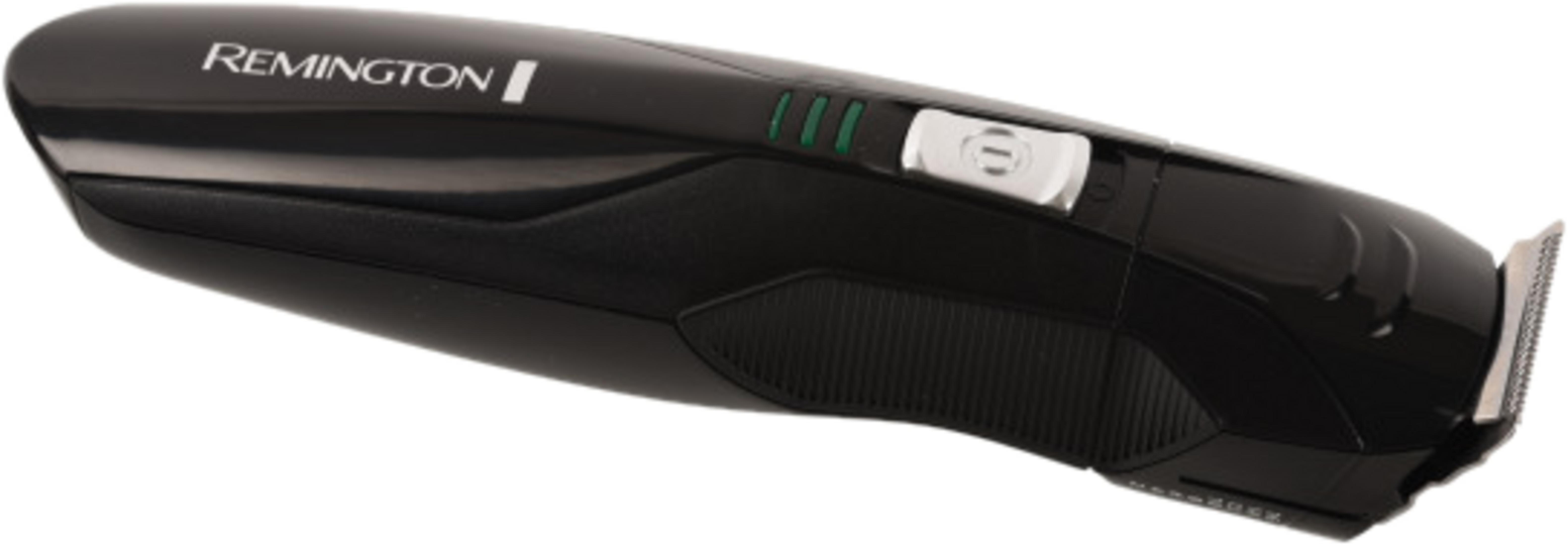 Czarny trymer Remington ze srebrnym przełącznikiem i zielonymi wskaźnikami LED.