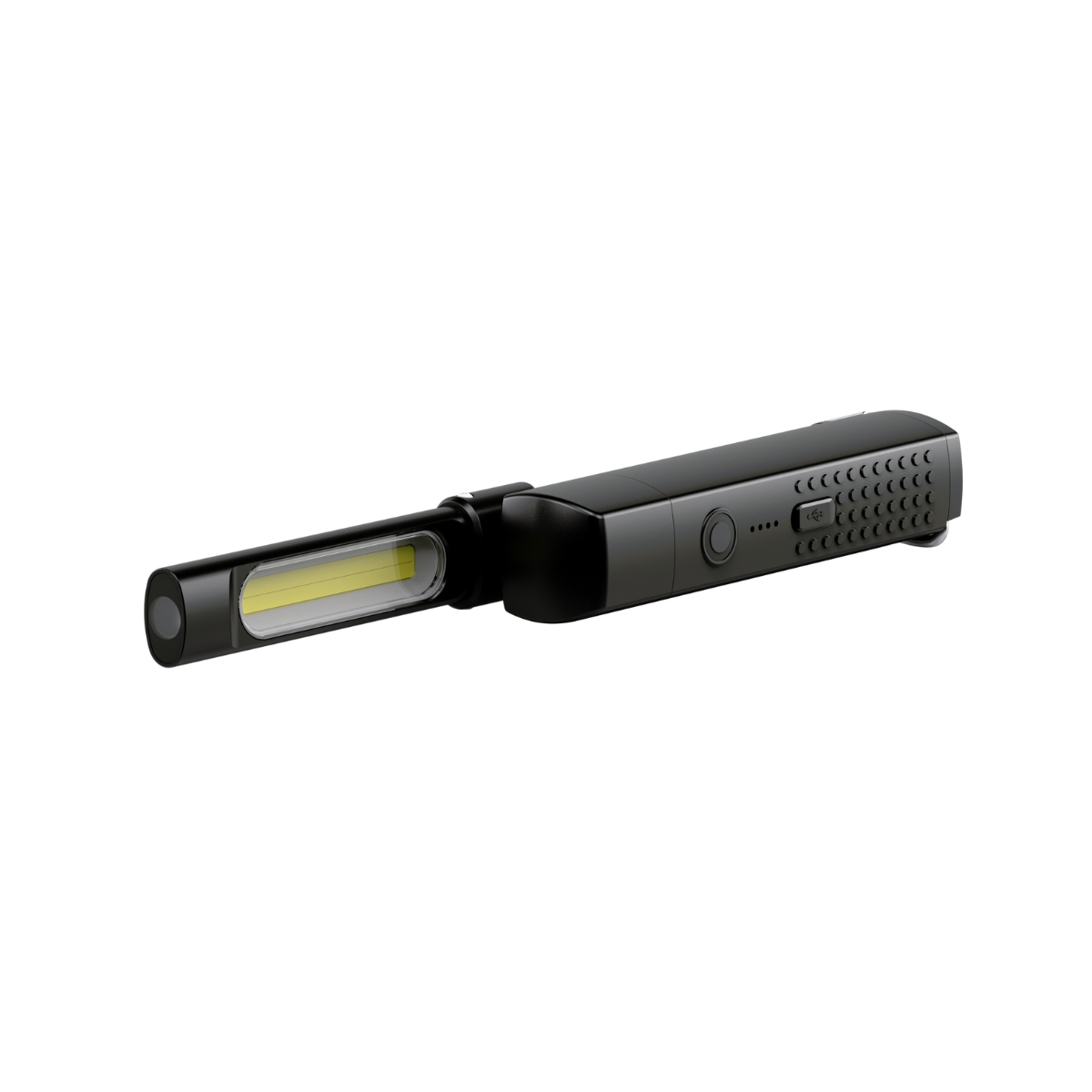 Lampe de travail noire avec tête pivotante et bande LED.