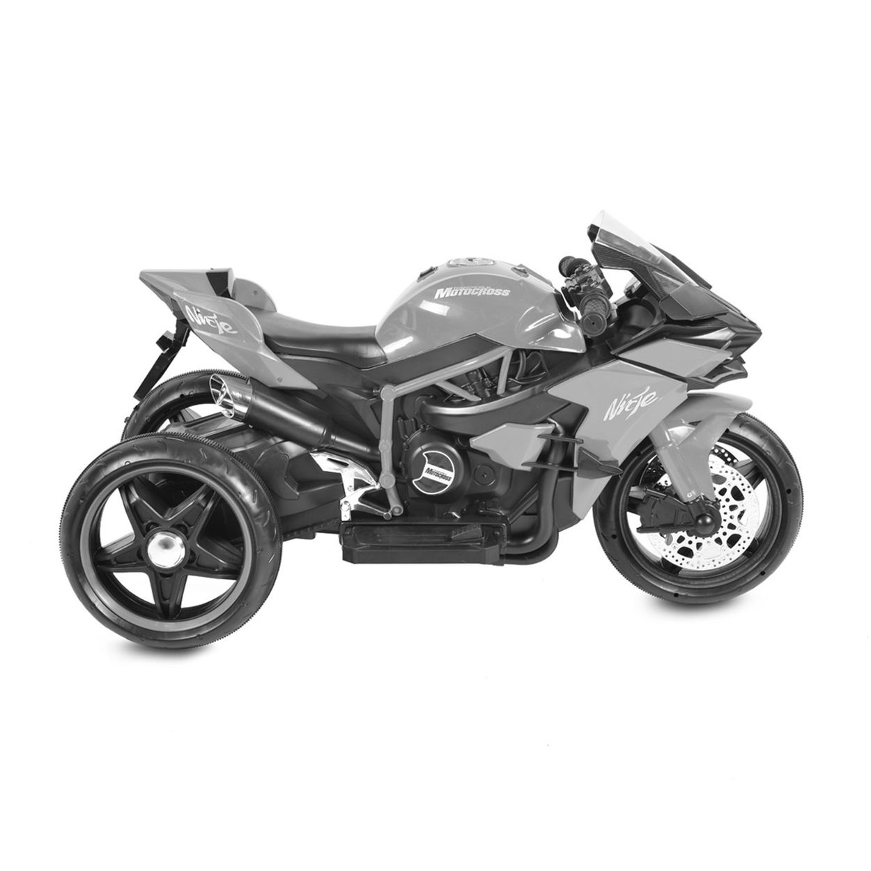 Graues dreirädriges Spielzeugmotorrad mit Aufklebern.