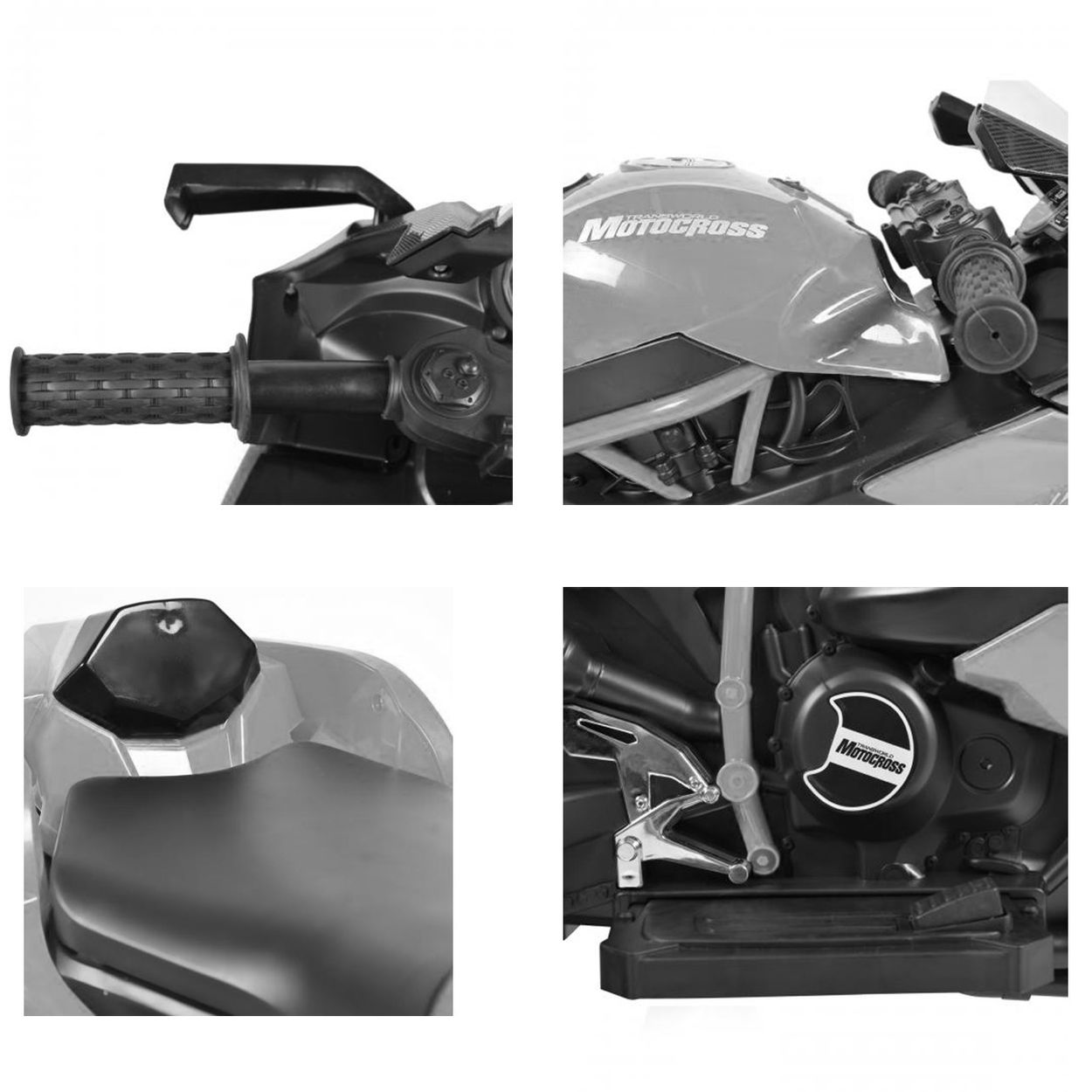 Nahaufnahme von Lenker, Sitz und Motordetails eines Spielzeug-Motocross-Motorrads.