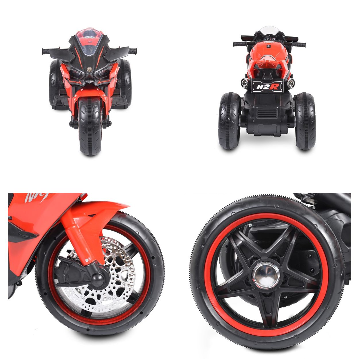 Rotes Dreirad-Motorrad mit schwarzen Akzenten, Vorder- und Rückansicht.