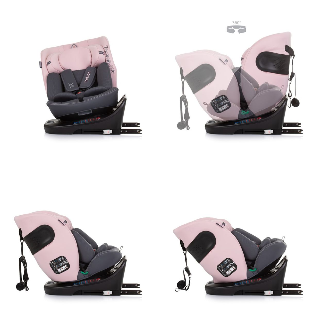Rosa und grauer Kindersitz in vier Positionen, drehbar auf schwarzer Basis.