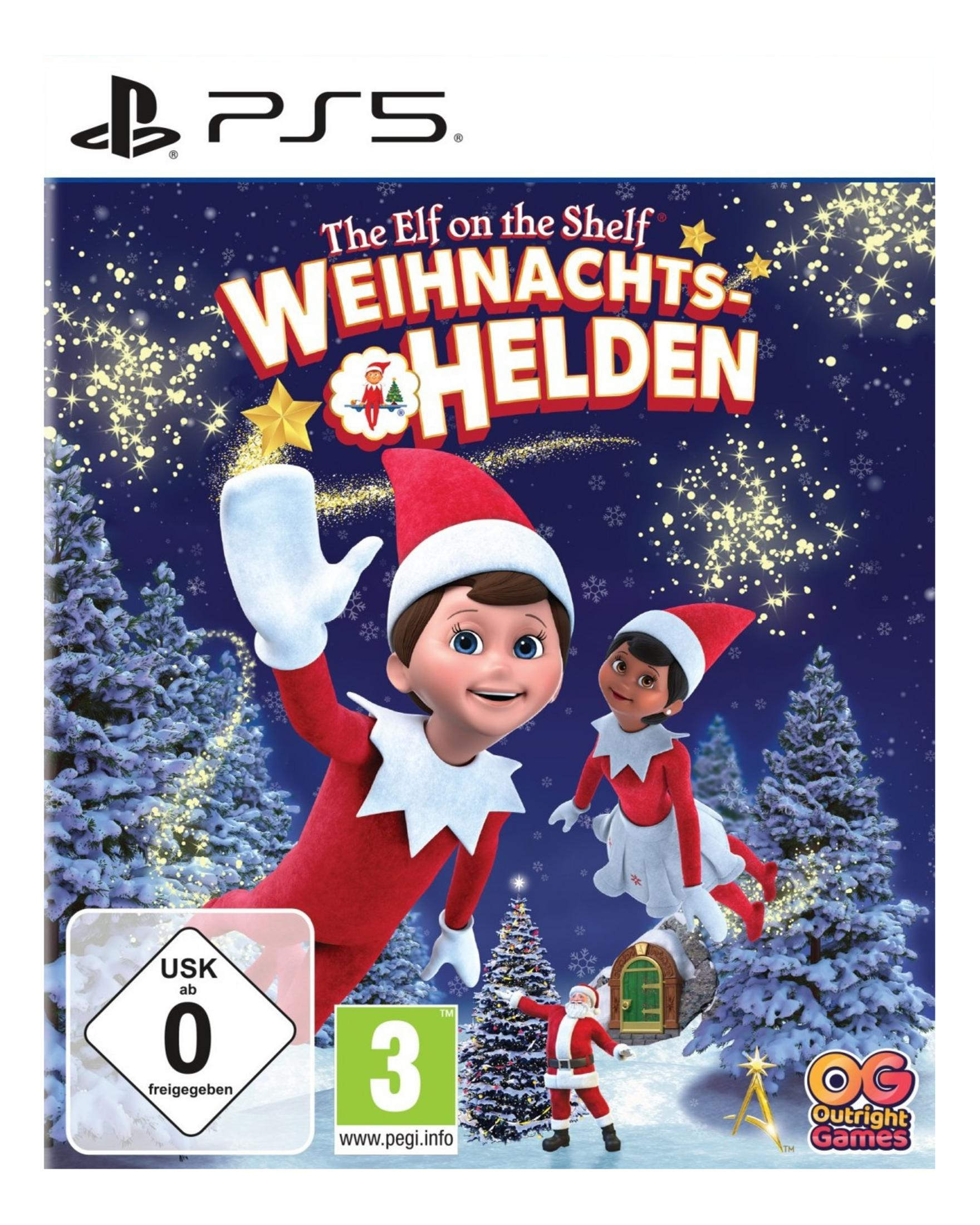 Copertina gioco PlayStation 5 con elfi e Babbo Natale sulla neve.