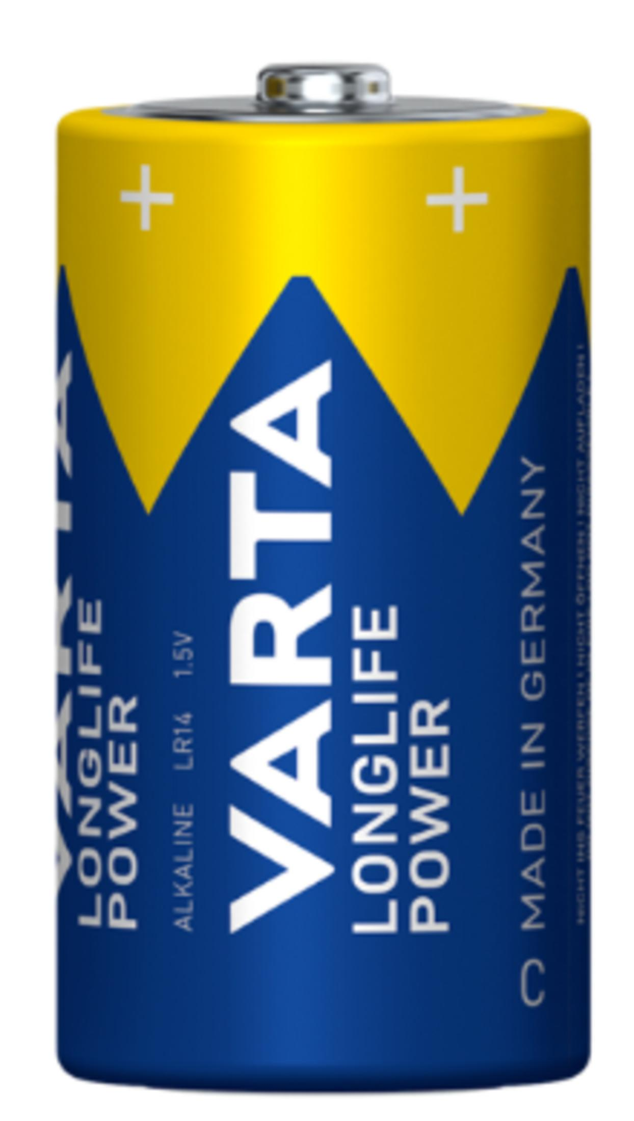 A Varta Longlife Power battery, yellow and blue with text.