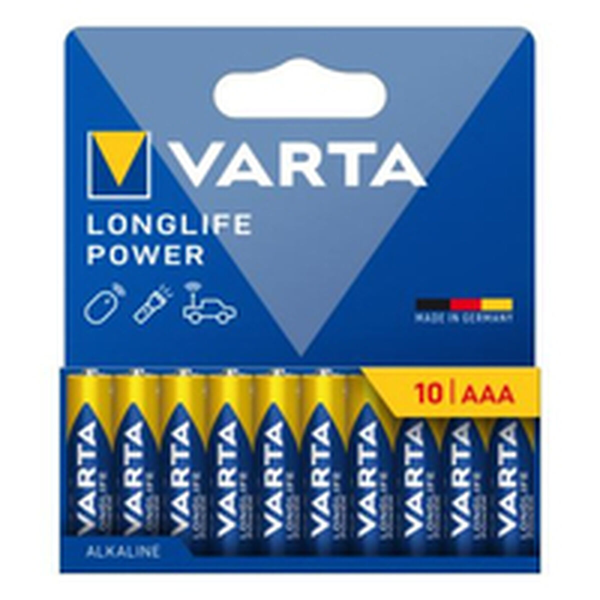 Varta AAA batteries, pack of 10, yellow and blue.