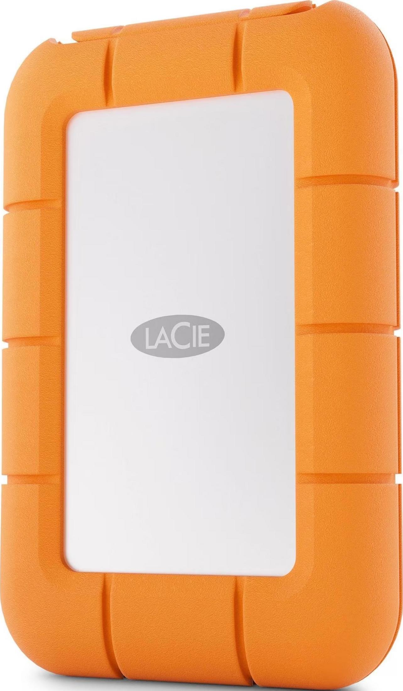 Pomarańczowy dysk zewnętrzny LaCie z białym panelem i logo.