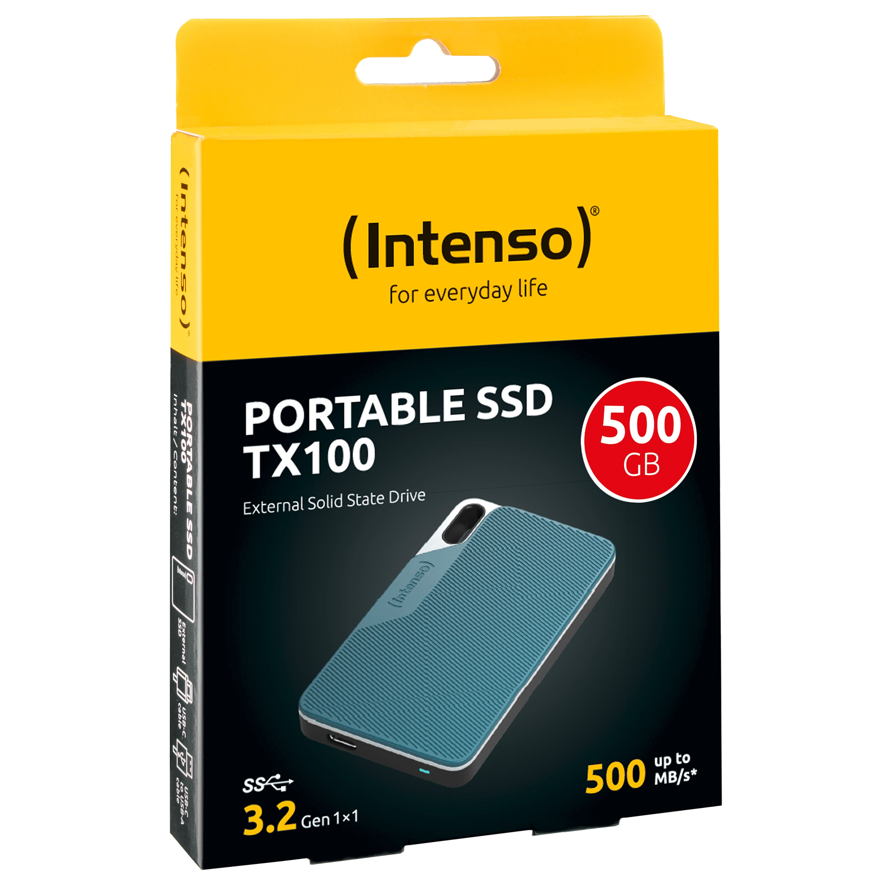 Opakowanie niebieskiego przenośnego dysku SSD Intenso TX100 500 GB.