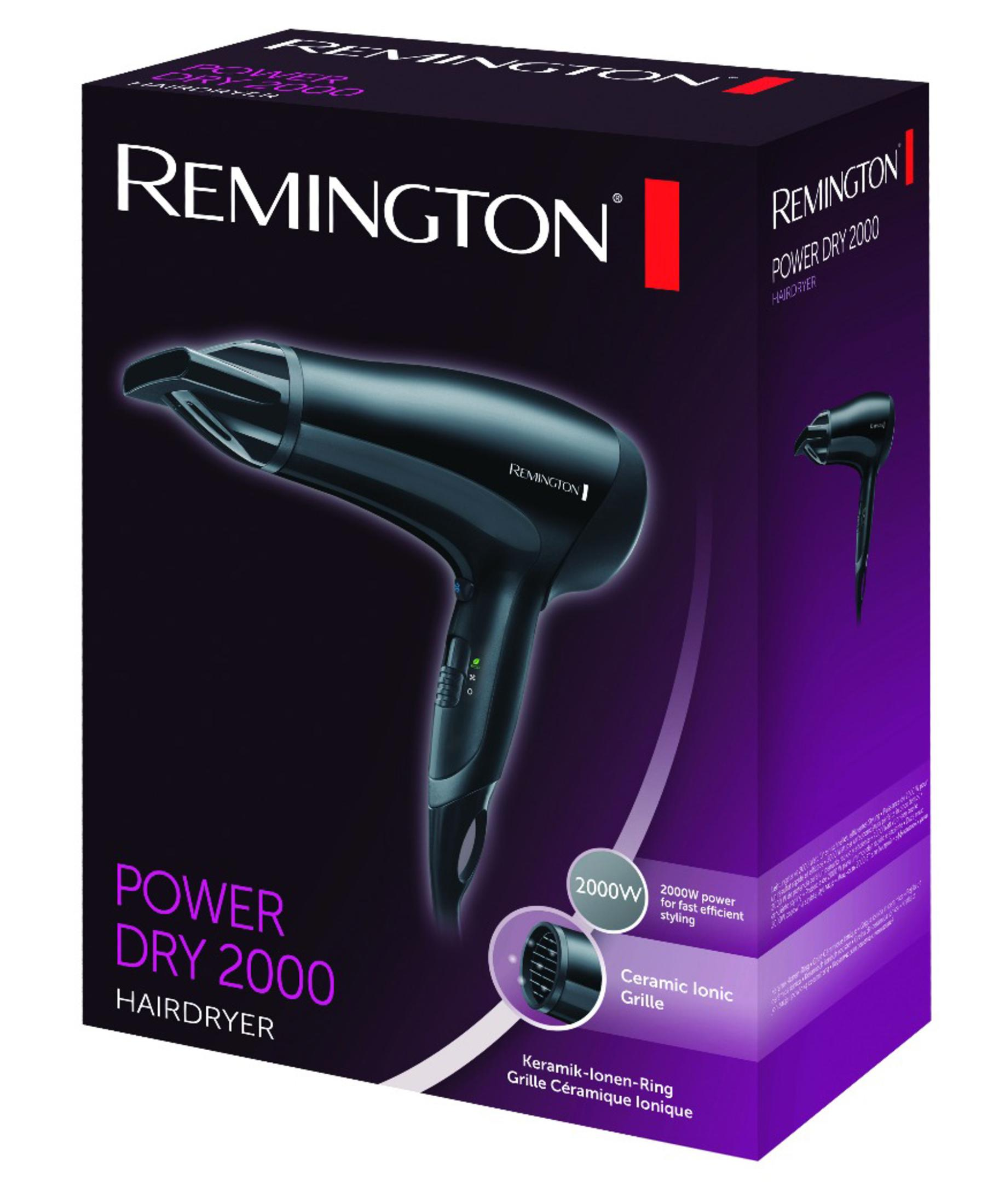 Boîte d'un sèche-cheveux Remington Power Dry 2000 noir avec détails.