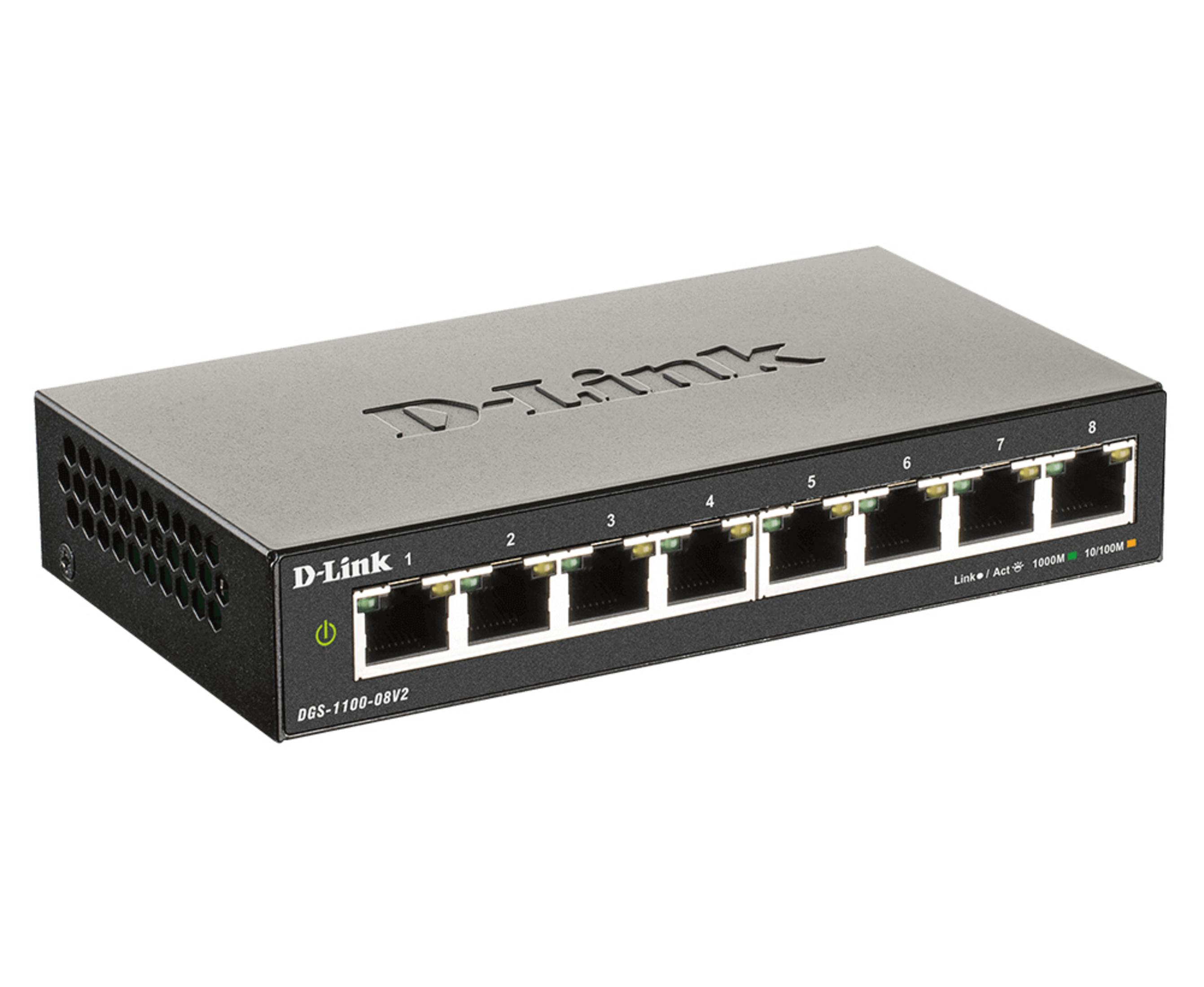 Switch Gigabit D-Link nero a 8 porte con prese d'aria e LED di stato.