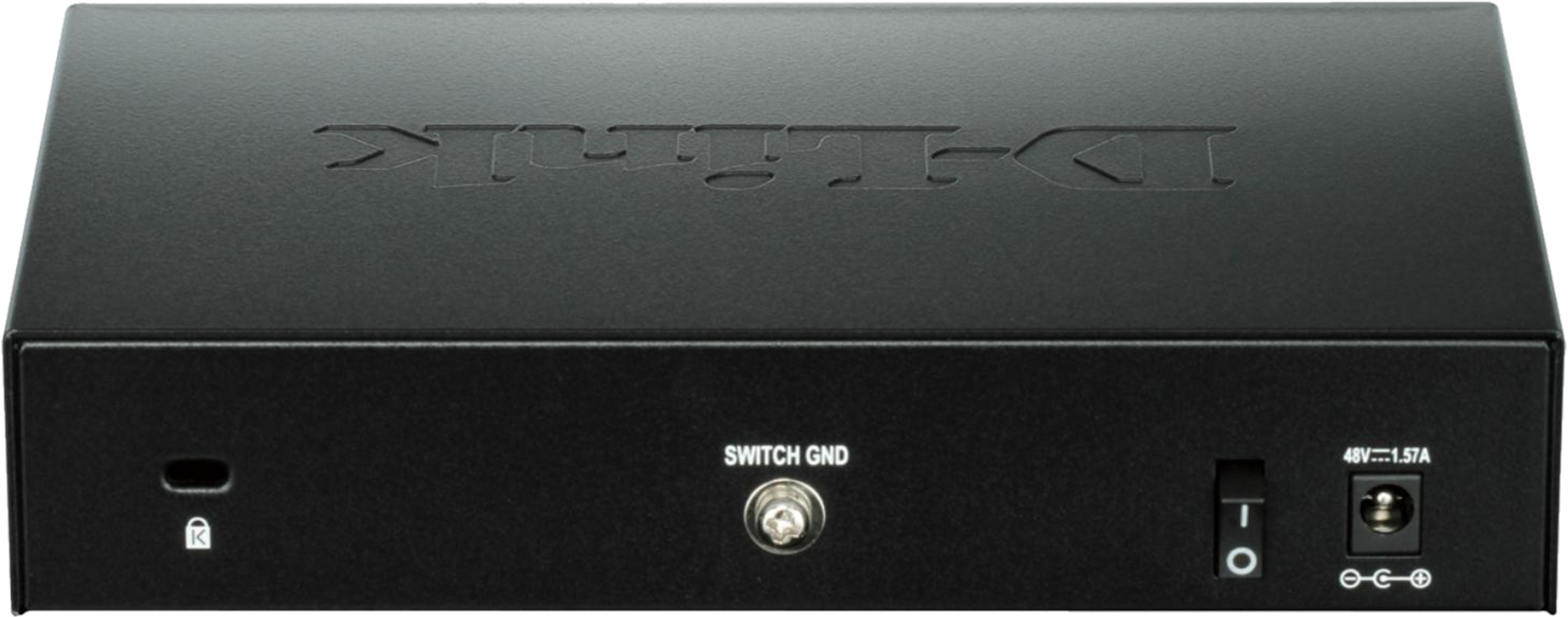 Dispositivo nero D-Link con interruttore e porta adattatore.