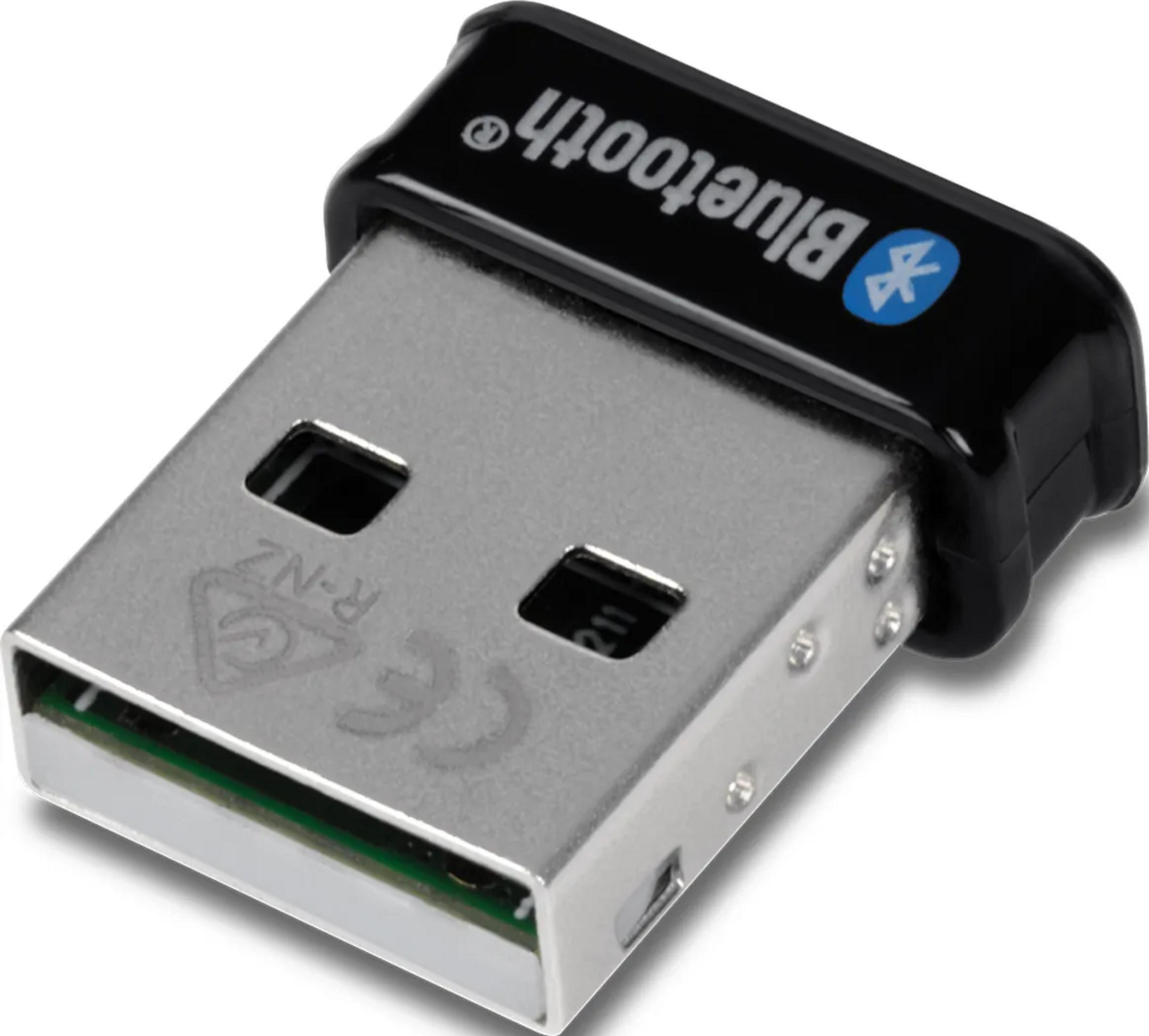 Un adaptateur USB Bluetooth noir avec connecteur et logo argentés.