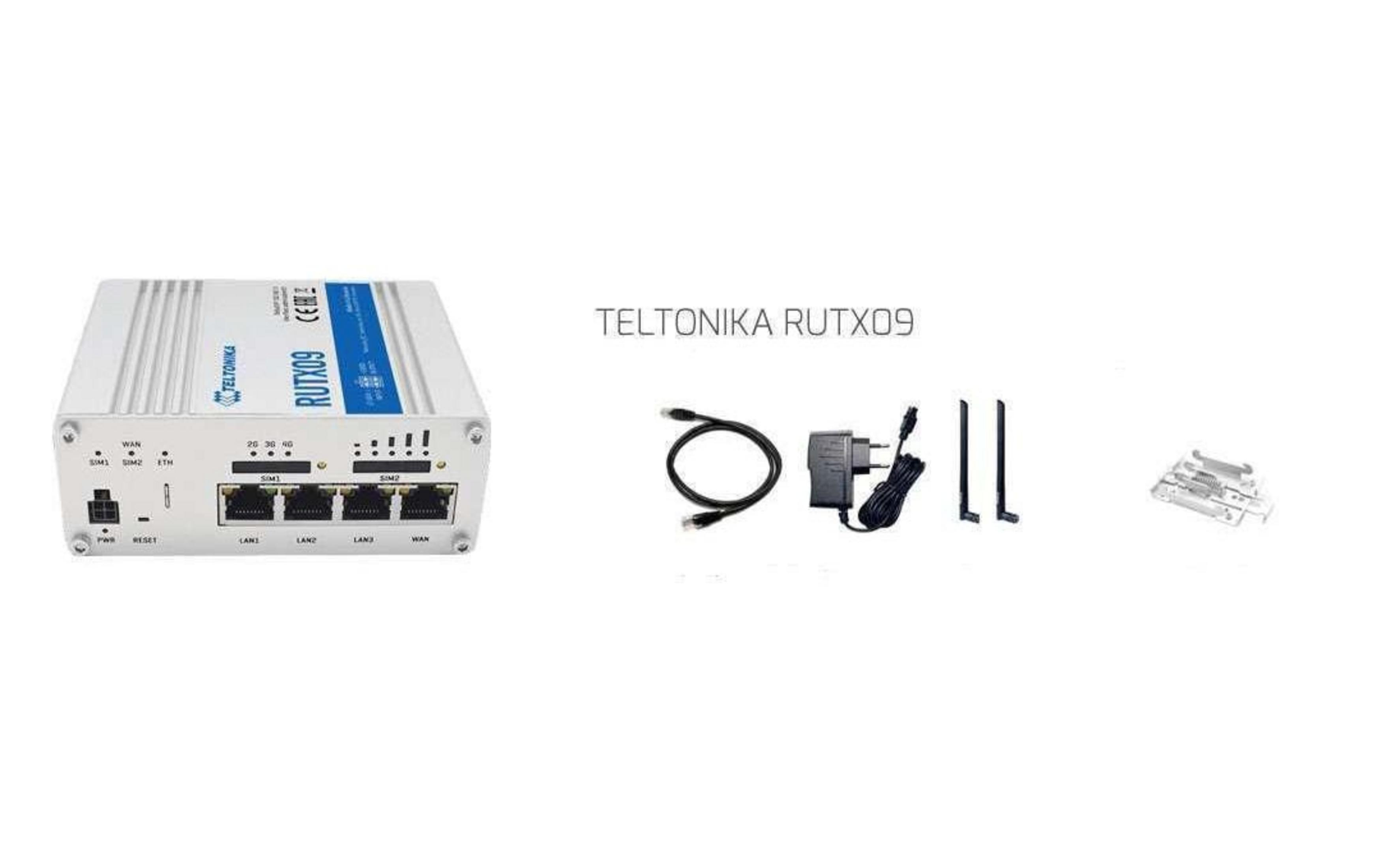 Teltonika RUTX09 router met accessoires: kabel, stroomadapter, antennes en houder.