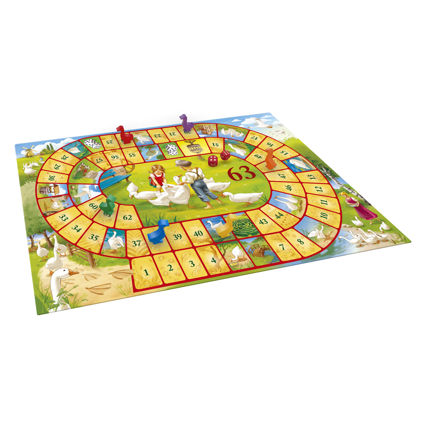 Gioco da tavolo con anatre, numeri e pedine in un'ambientazione rurale.