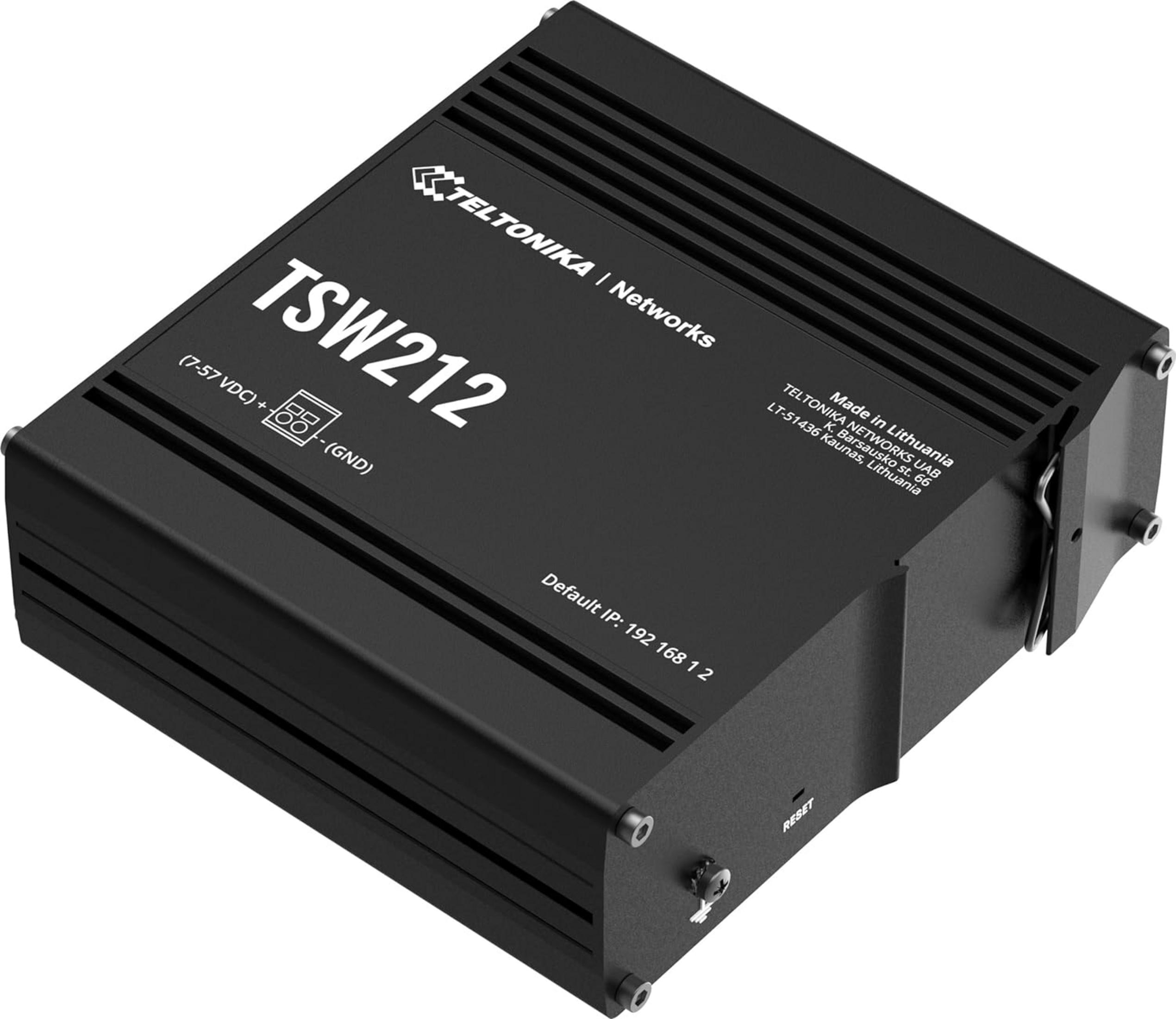 Appareil réseau noir Teltonika TSW212 avec aérations et étiquetage.