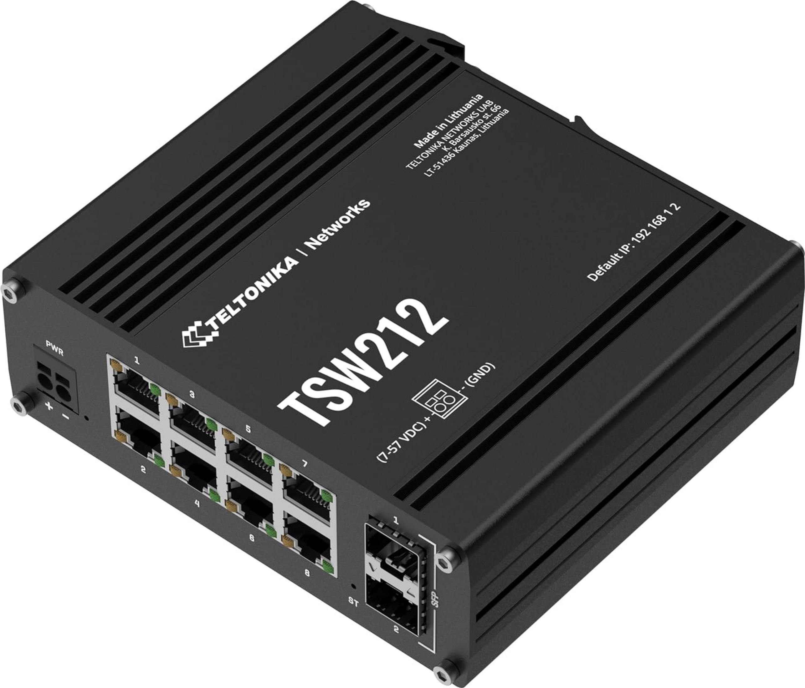 Switch réseau noir TSW212 avec 8 ports Ethernet et 2 ports SFP.