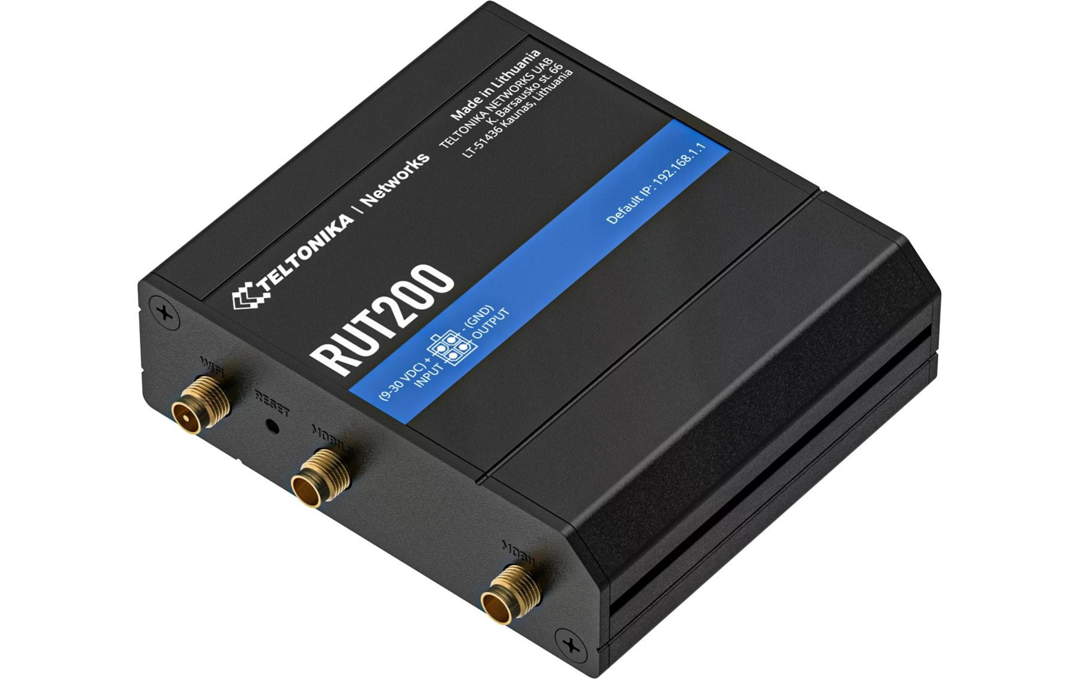 Zwarte Teltonika RUT200 router met poorten en labels.