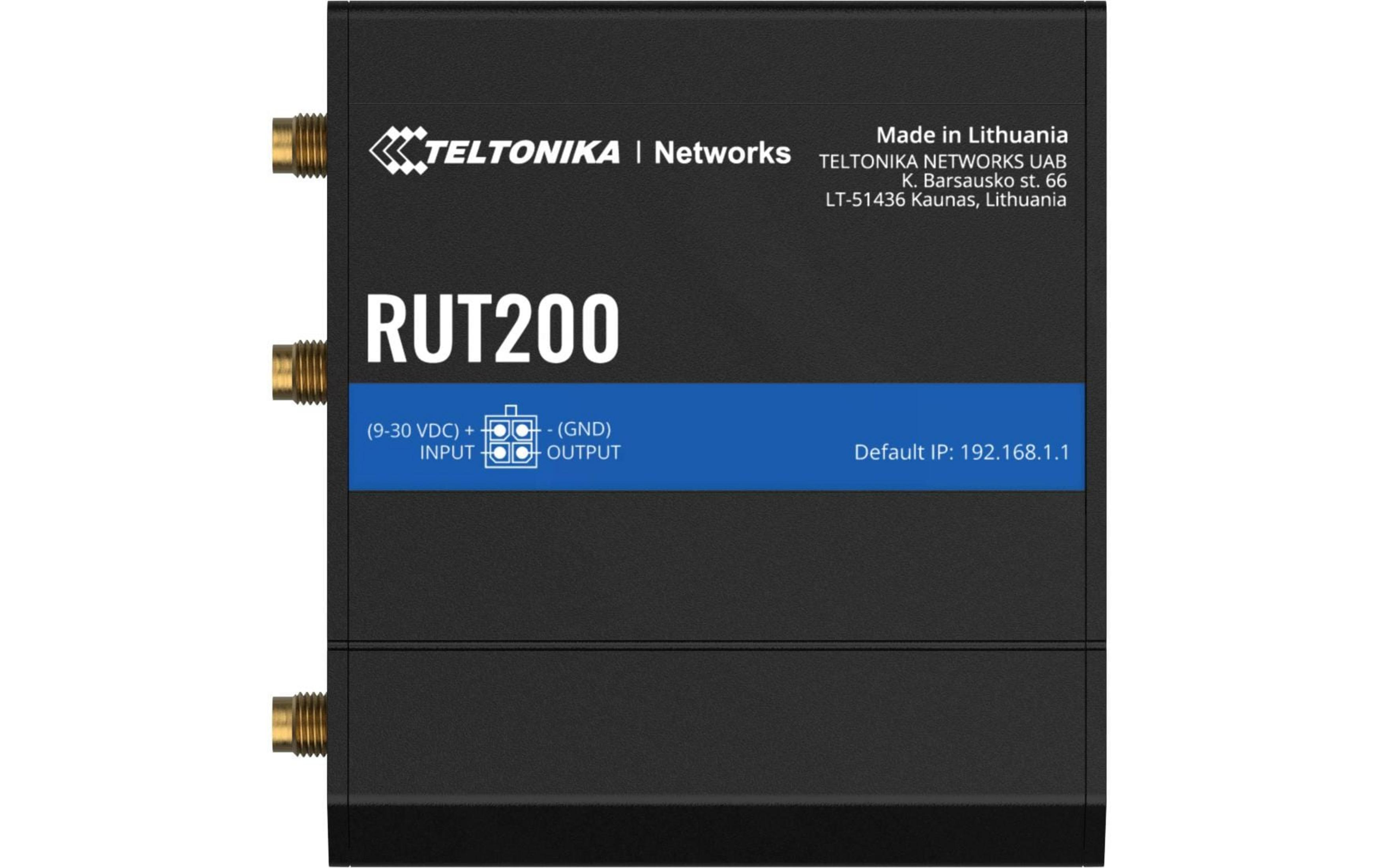 Zwart Teltonika RUT200 apparaat met connectoren en belettering.