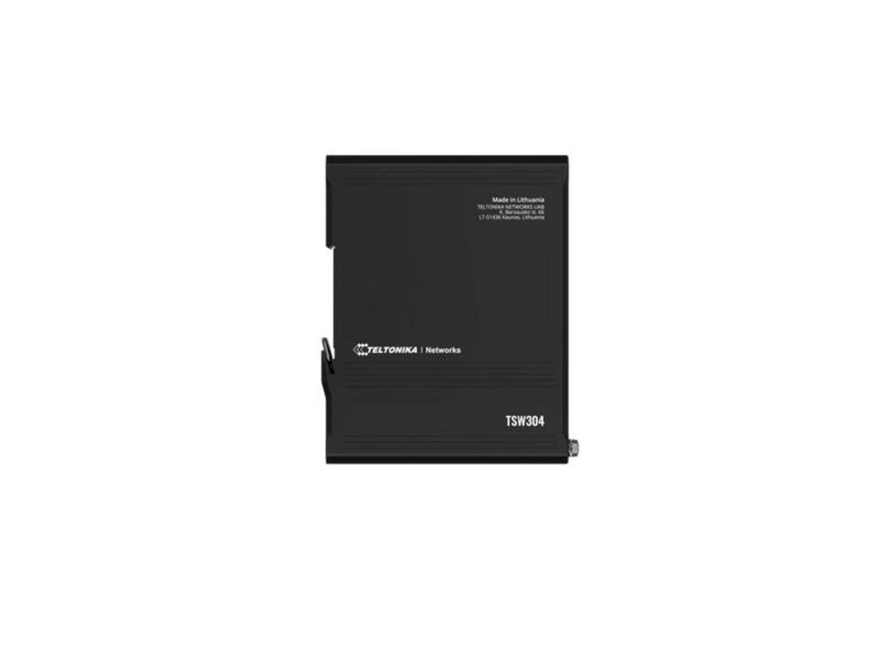 Appareil réseau noir Teltonika TSW304 avec étiquette Made in Lithuania.