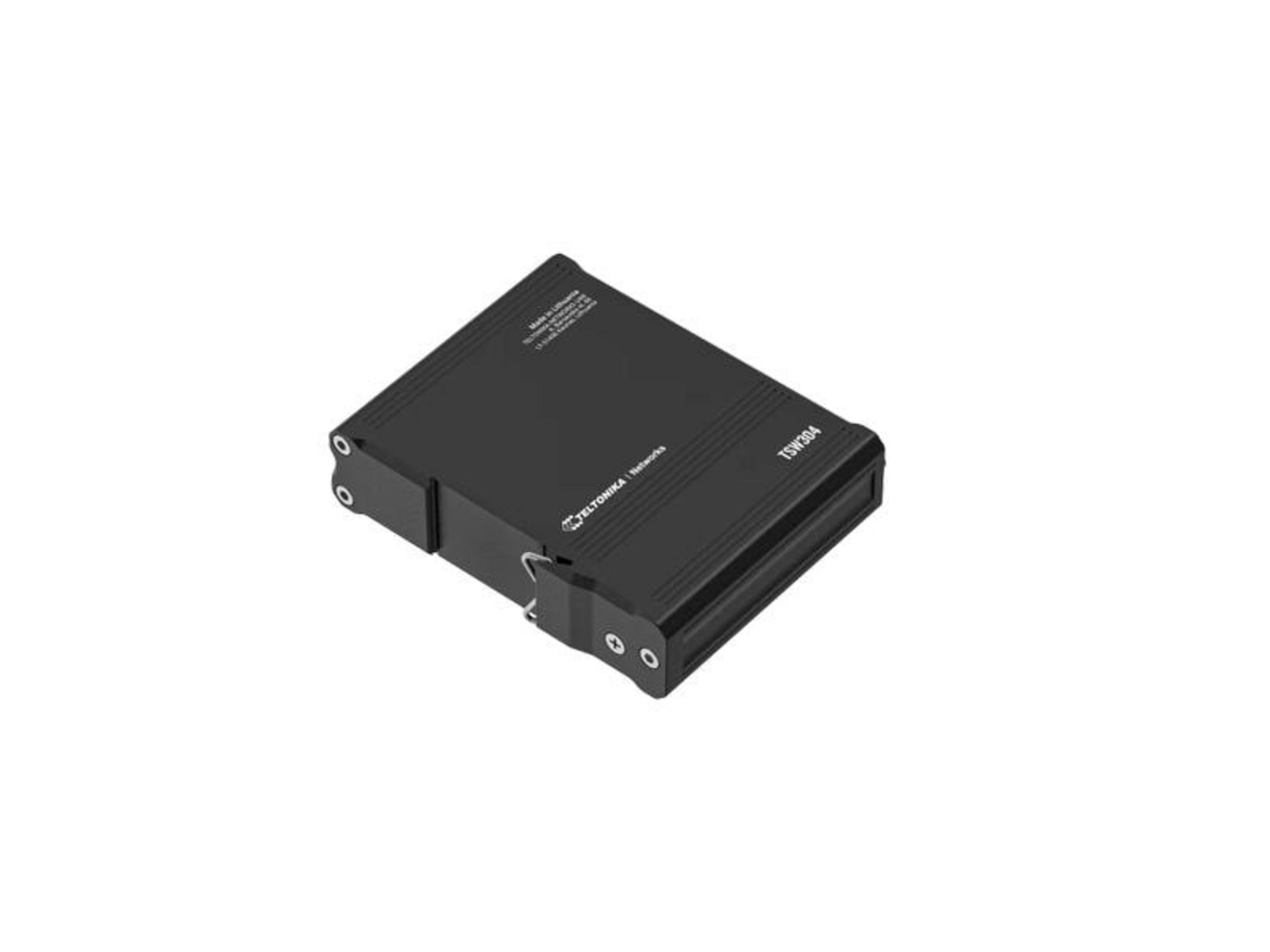 Un appareil noir Teltonika TSW304 avec ports et étiquetage sur fond blanc.
