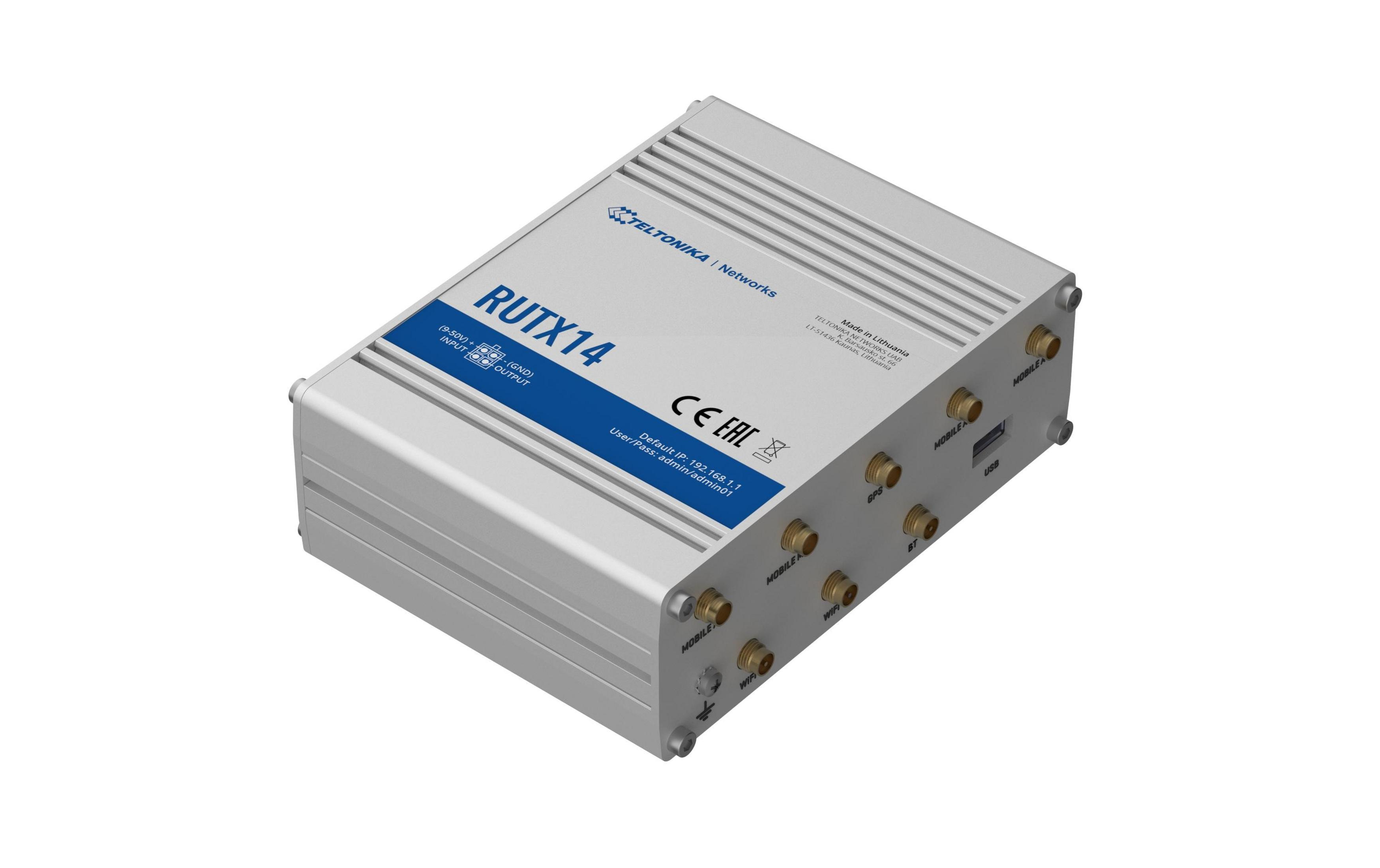 Router RUTX14 argento con connettori mobile, GPS, WiFi e Bluetooth.