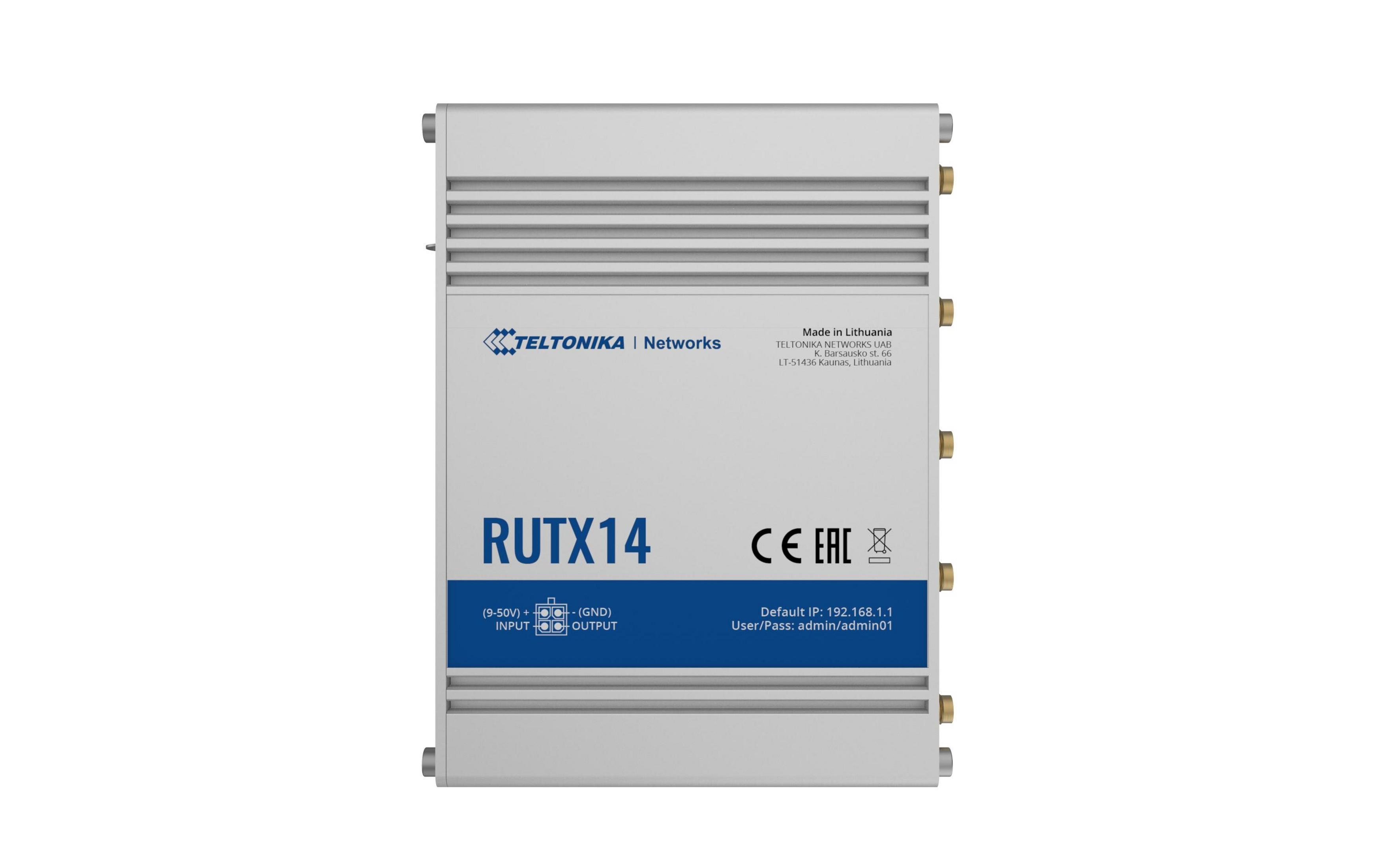 Dispositivo Teltonika RUTX14 grigio con porte e sigillo CE/EAC.