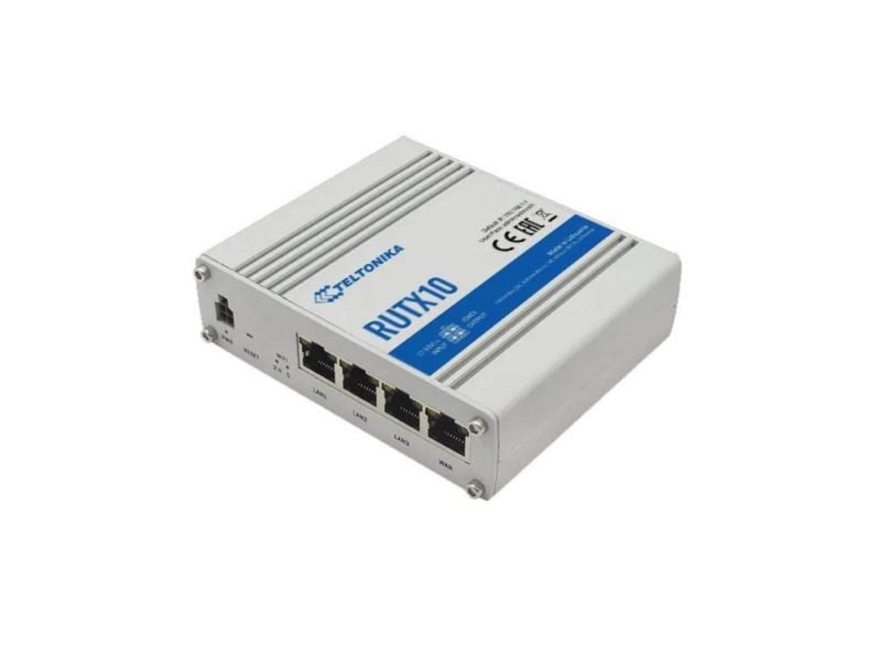 Szary router Teltonika RUTX10 z portami Ethernet.